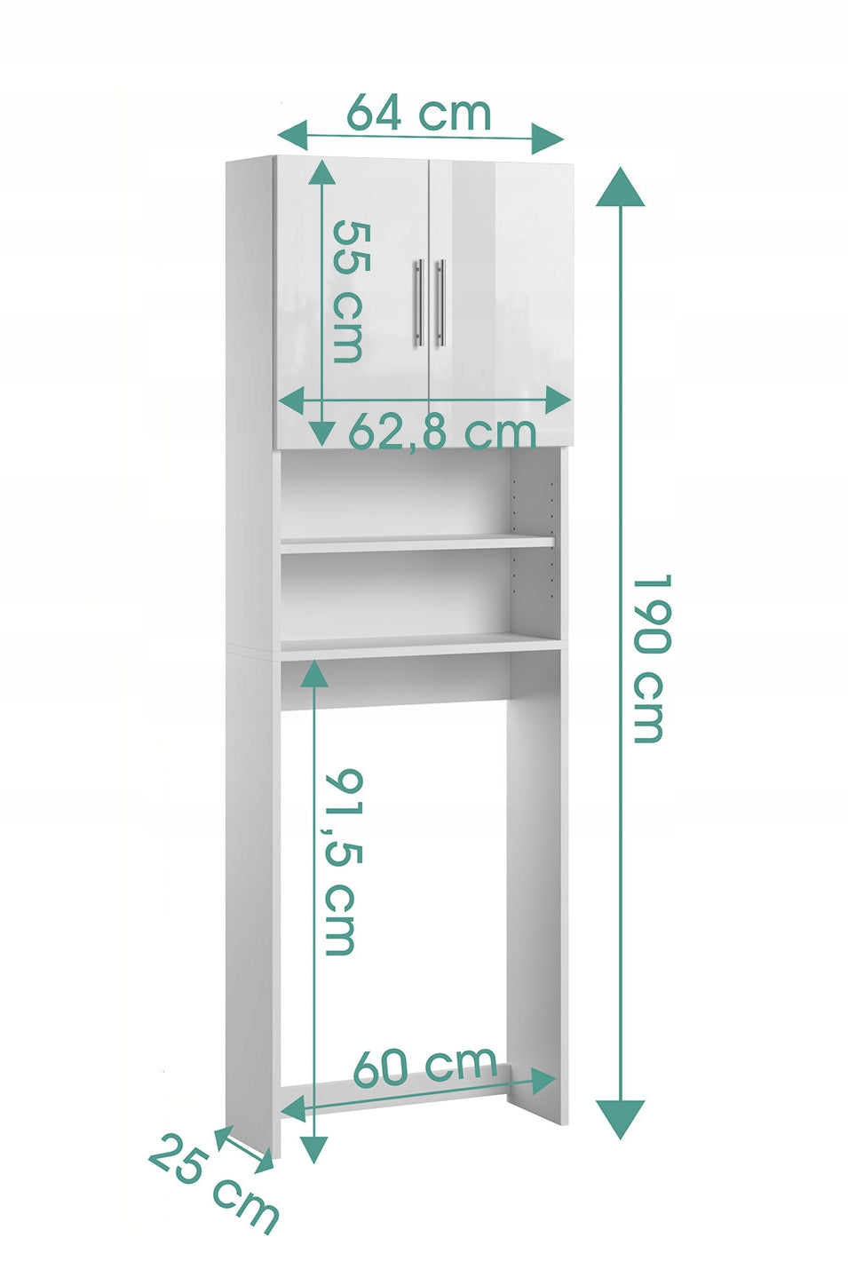 Bookcase Over Washing Machine Dryer White Gloss Chest of Drawers For Bathroom 190 x 64 x 25 CM Furniture color white