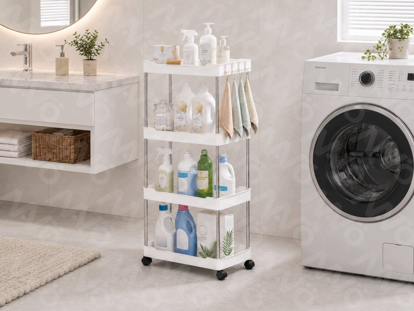 Bookcase on wheels bathroom kitchen trolley white shelf with hooks MAVÖ Manufacturer code LATINA.4-WH