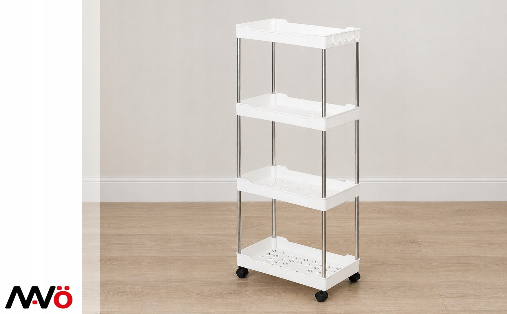 Bookcase on wheels bathroom kitchen trolley white shelf with hooks MAVÖ Packaging status original