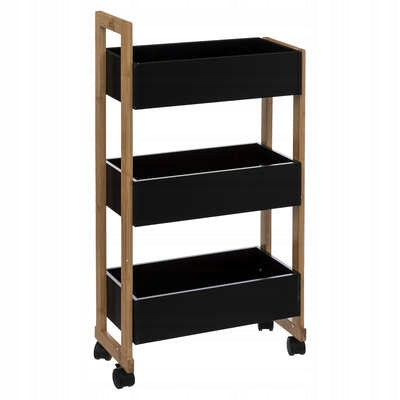 Bookcase on wheels black 3 x bamboo shelf