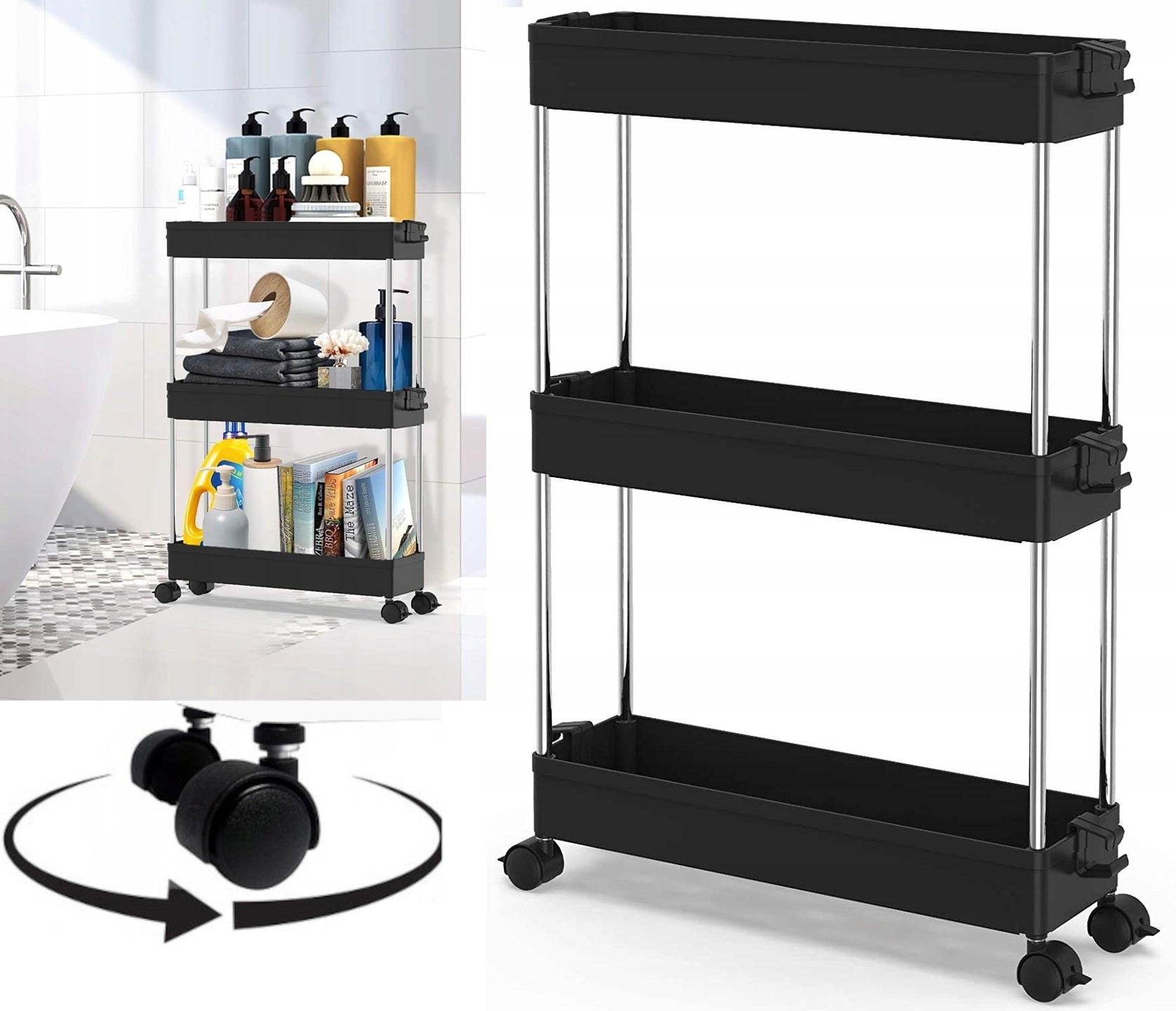 Bookcase on wheels with 3 shelves for the bathroom, narrow mobile helper