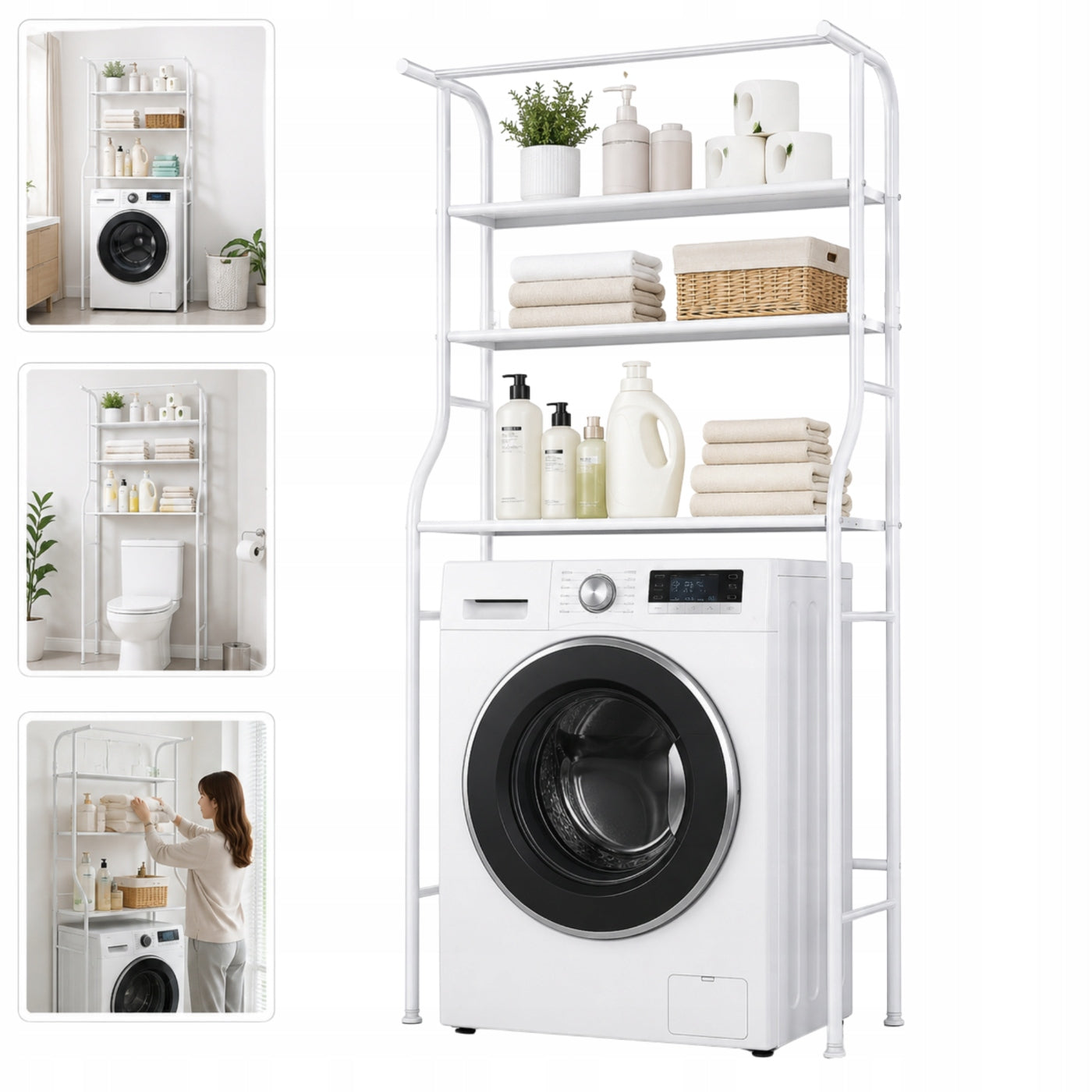 Bookcase over washing machine 3-level metal white bathroom shelf 165cm