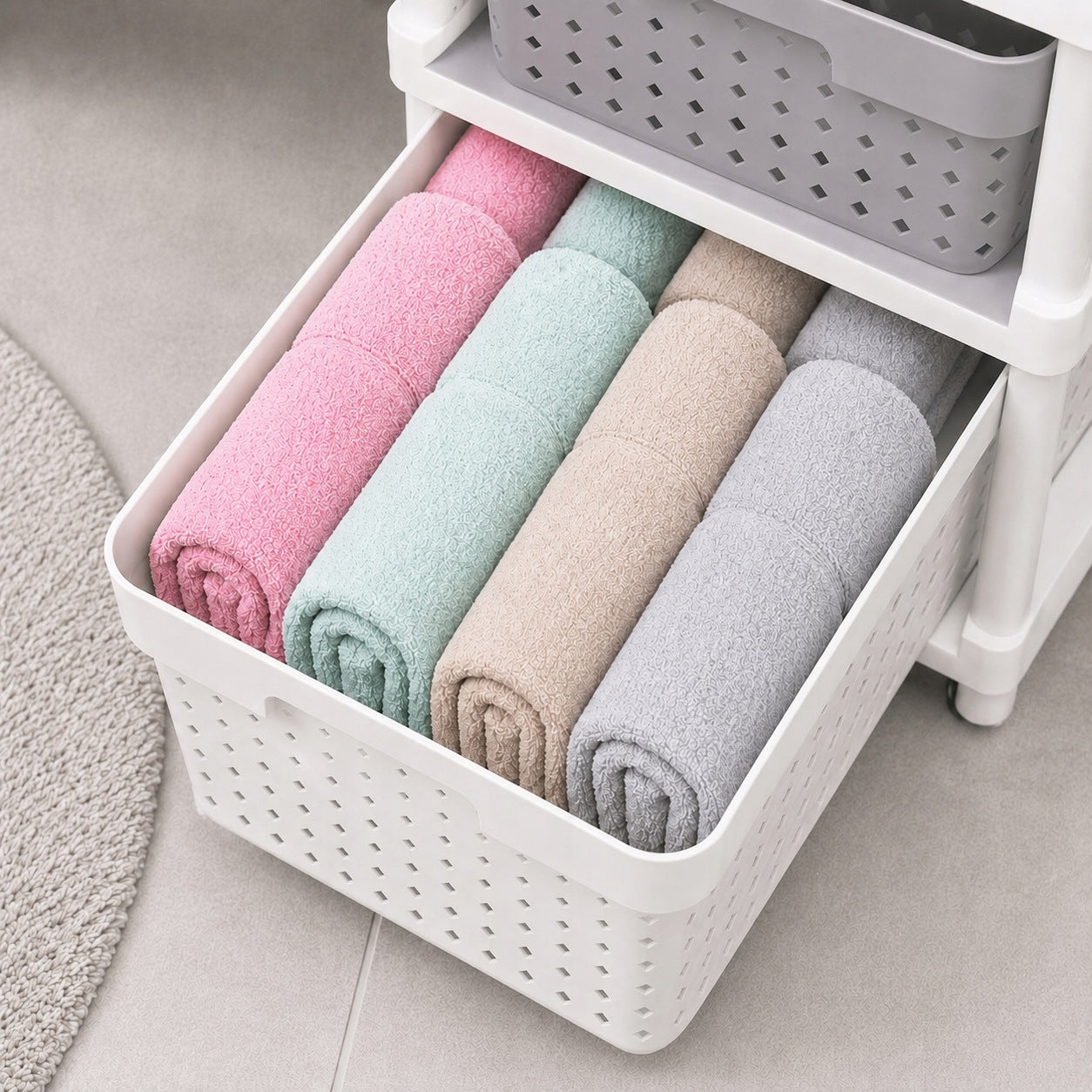 Bookcase with baskets bathroom chest of drawers shelf on wheels for office room 3 basket Furniture color white gray