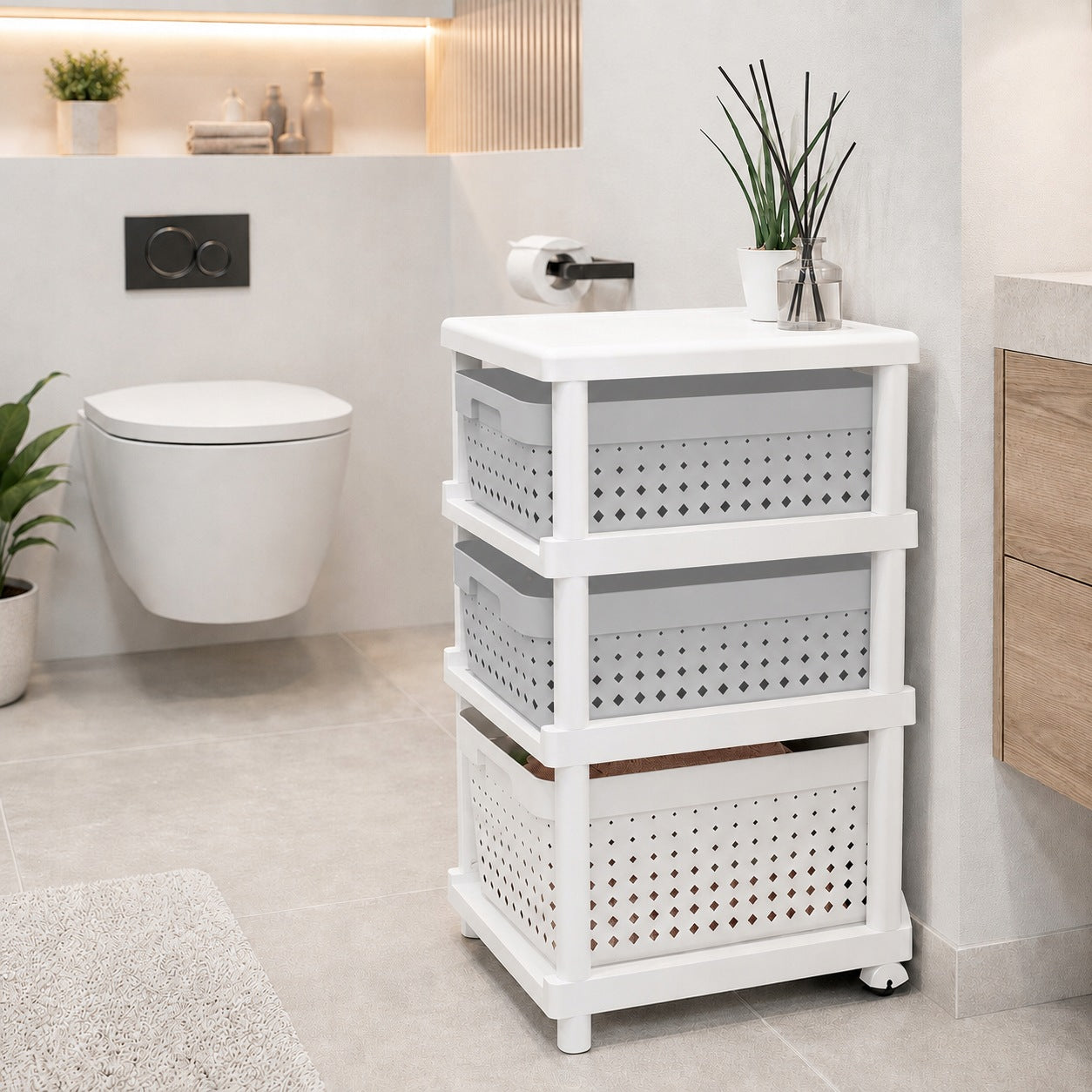 Bookcase with baskets bathroom chest of drawers shelf on wheels for office room 3 basket Packaging status original