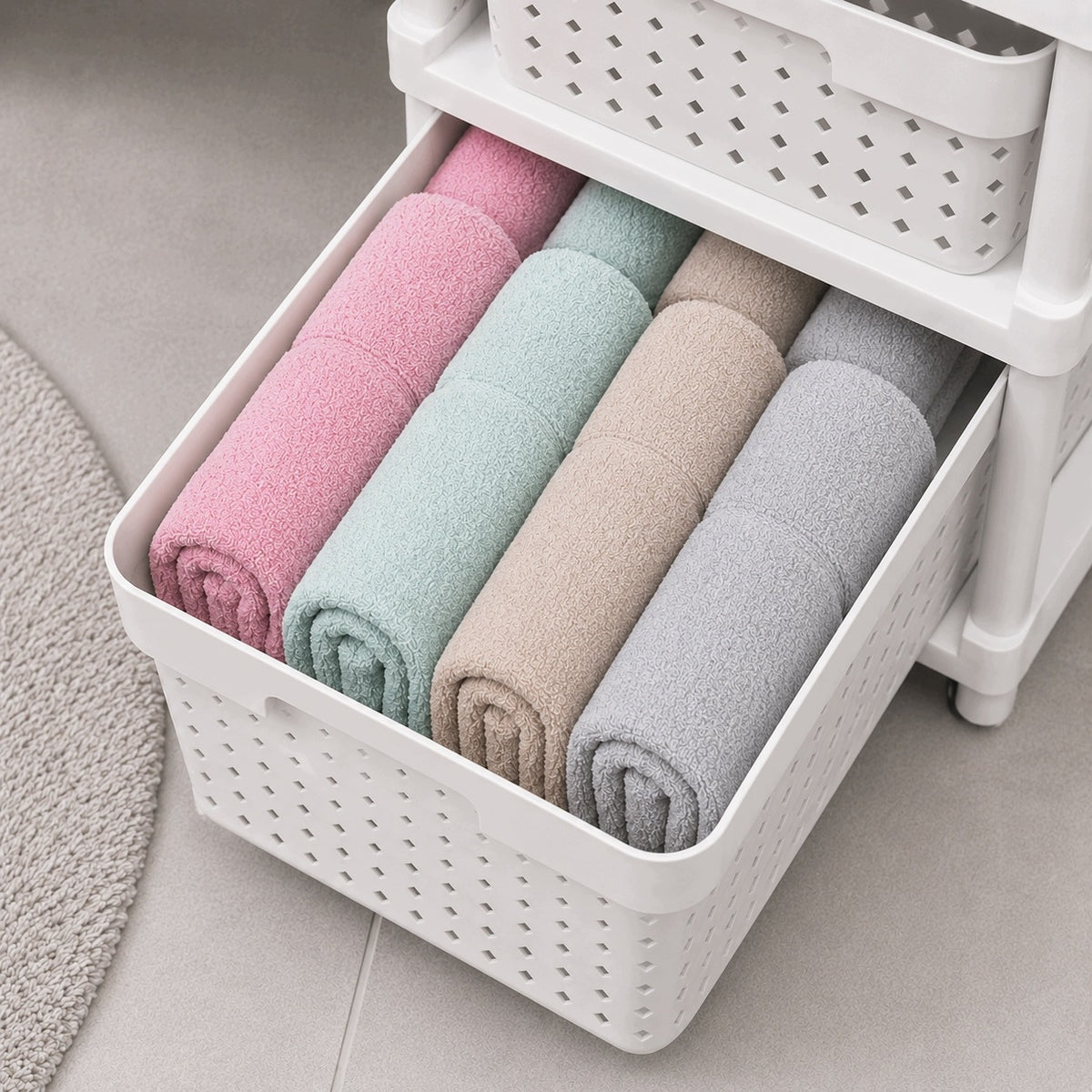 Bookcase with baskets bathroom chest of drawers shelf on wheels for office room 4 basket Furniture color white