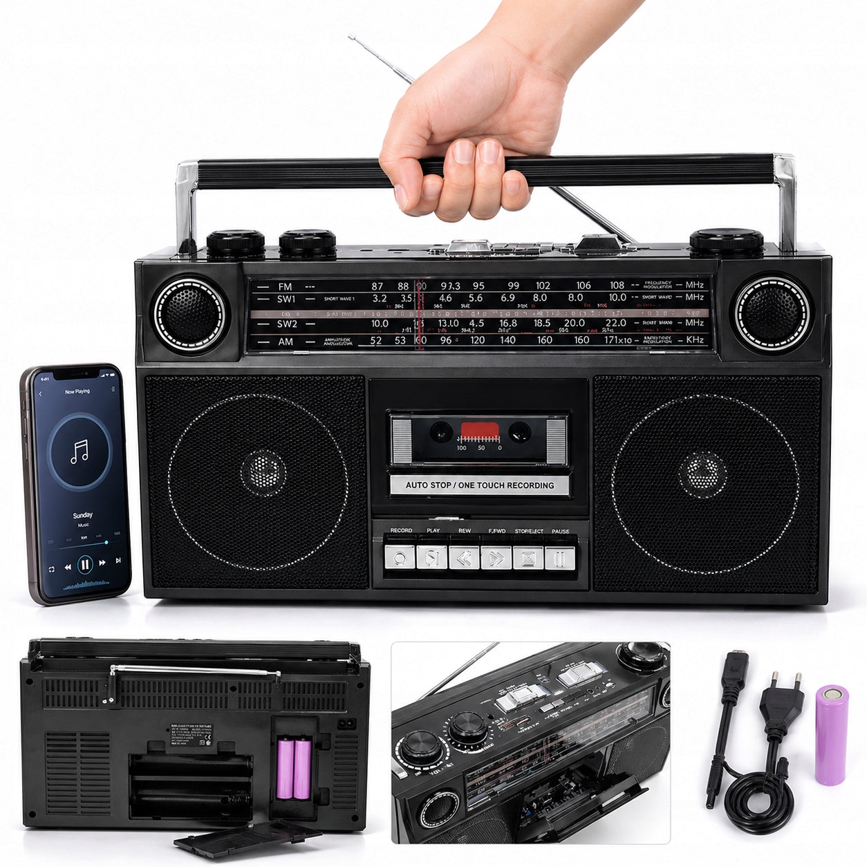 Boombox Radio Cassette Player Portable MP3 Cassette Player BT Grill Camping