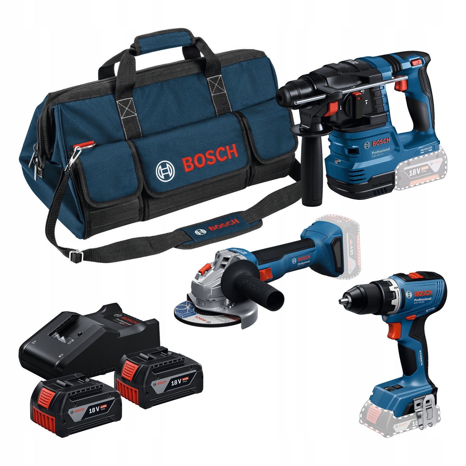 Bosch Combi set 18V GSR 18V-65 + GBH 18V-22 + GWS 18V-8 + 2x4Ah + GAL