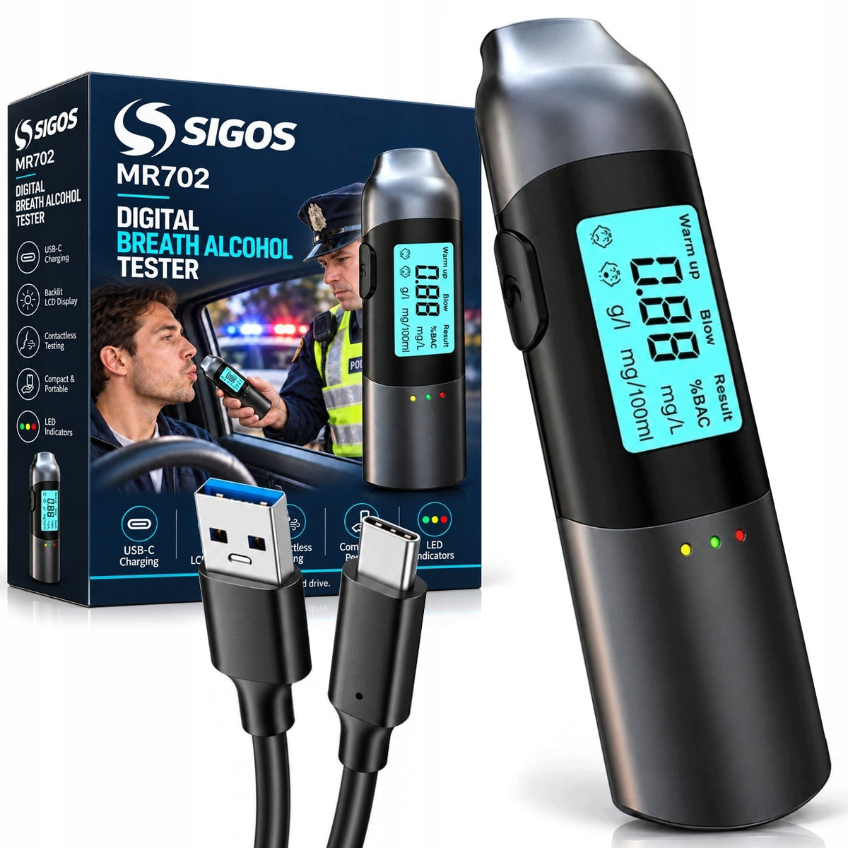 Breathalyzer Mouthless Electronic LCD Rechargeable USB-C Car
