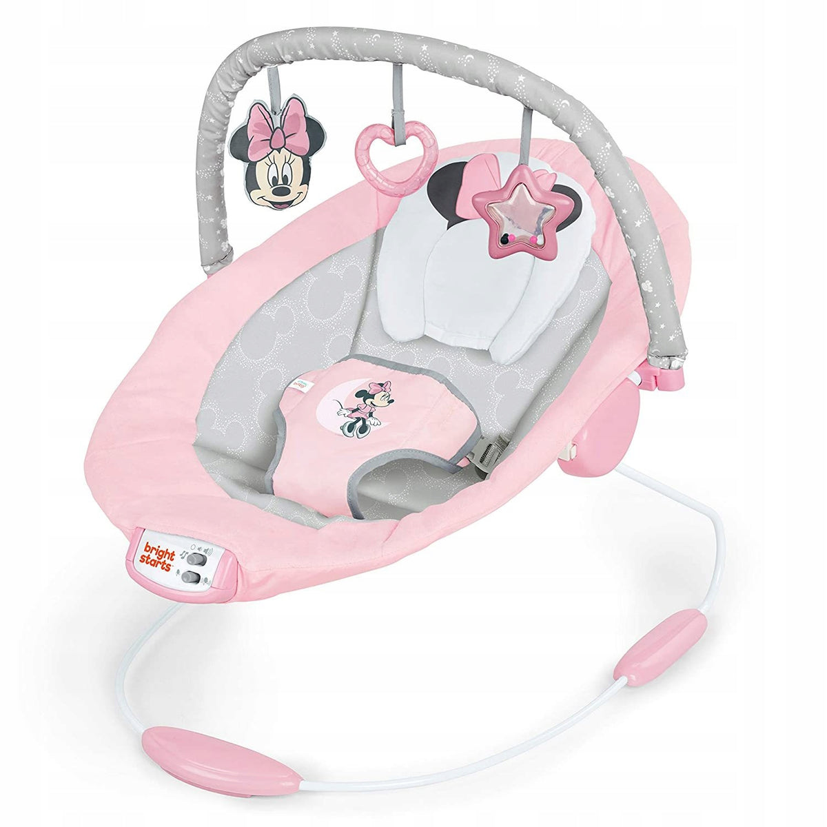Bright Starts pink sun lounger with toy headband and vibration system