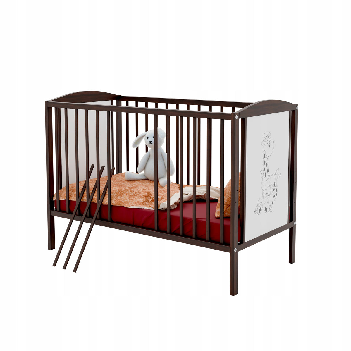 Brown cot FAIRY TALE WALNUT GIRAFFE b/sz walnut with couch barrier Manufacturer code BAJKA