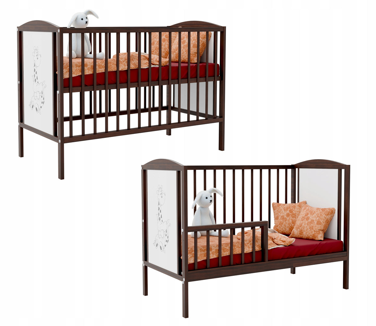 Brown cot FAIRY TALE WALNUT GIRAFFE b/sz walnut with couch barrier