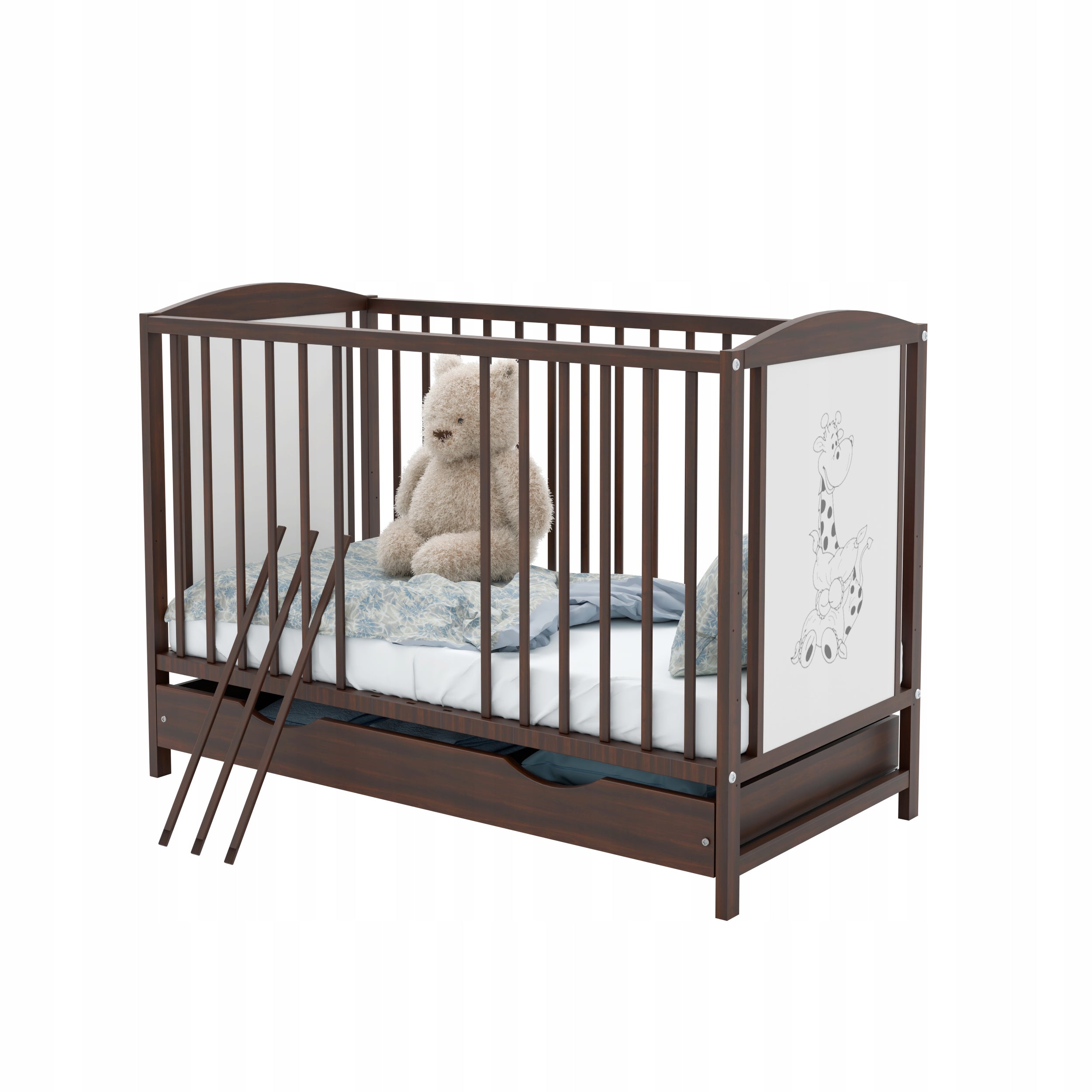Brown cot FAIRY TALE drawer walnut + couch WITH BARRIER 120x60 Brand Bobas