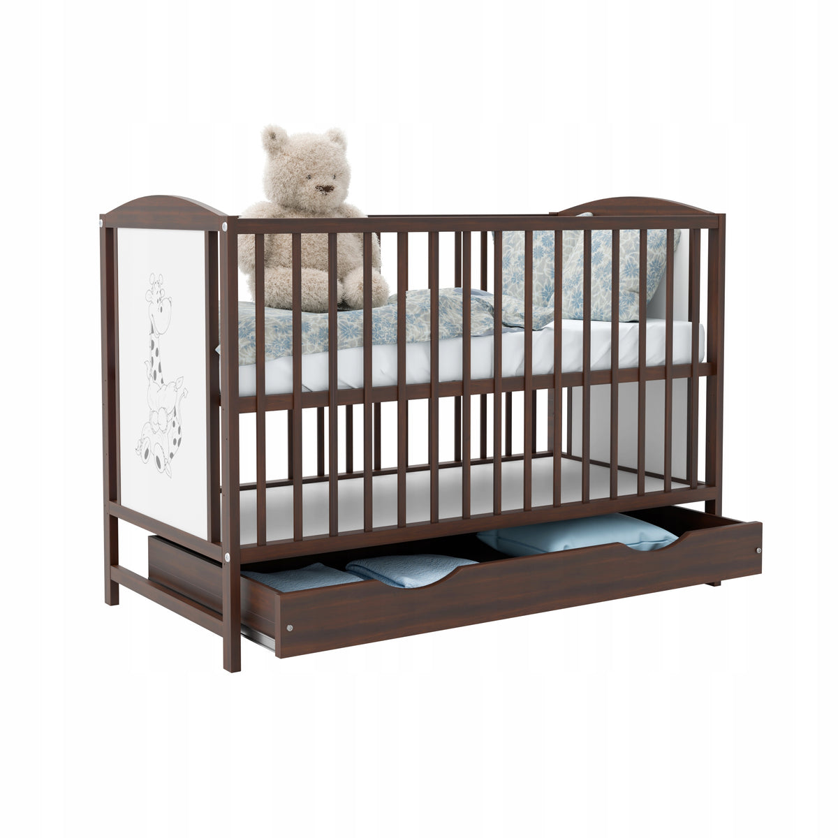 Brown cot FAIRY TALE drawer walnut + couch WITH BARRIER 120x60 Manufacturer code 153