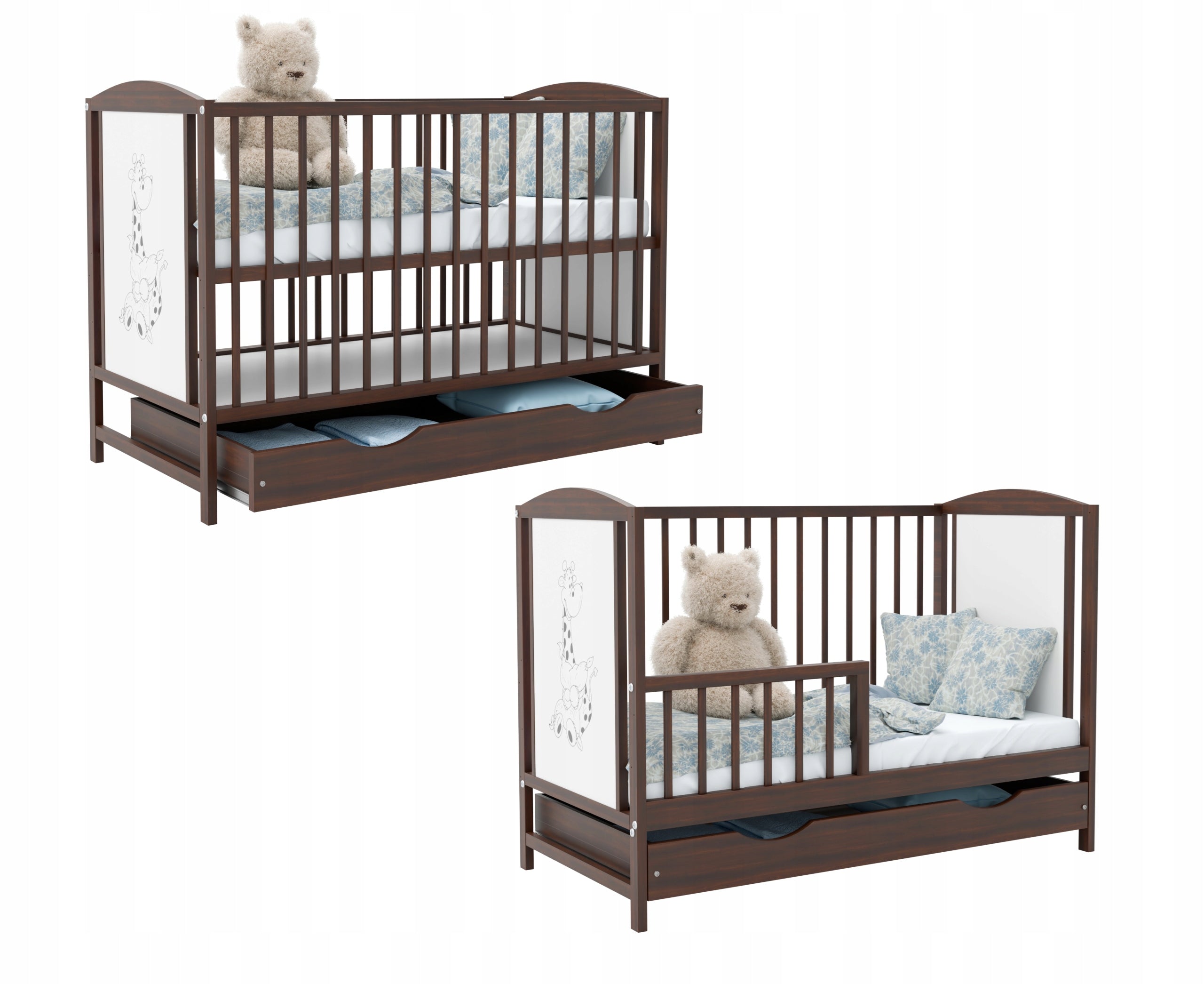 Brown cot FAIRY TALE drawer walnut + couch WITH BARRIER 120x60
