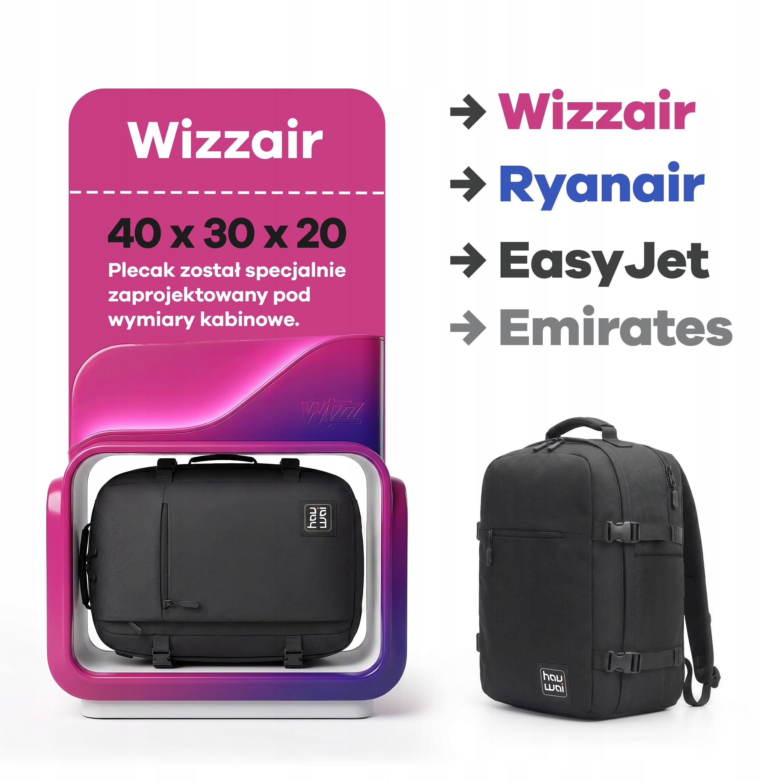 CABIN BACKPACK 40x30x20 HAND LUGGAGE FOR AIRPLANE WIZZAIR RYANAIR BAG Packaging status original