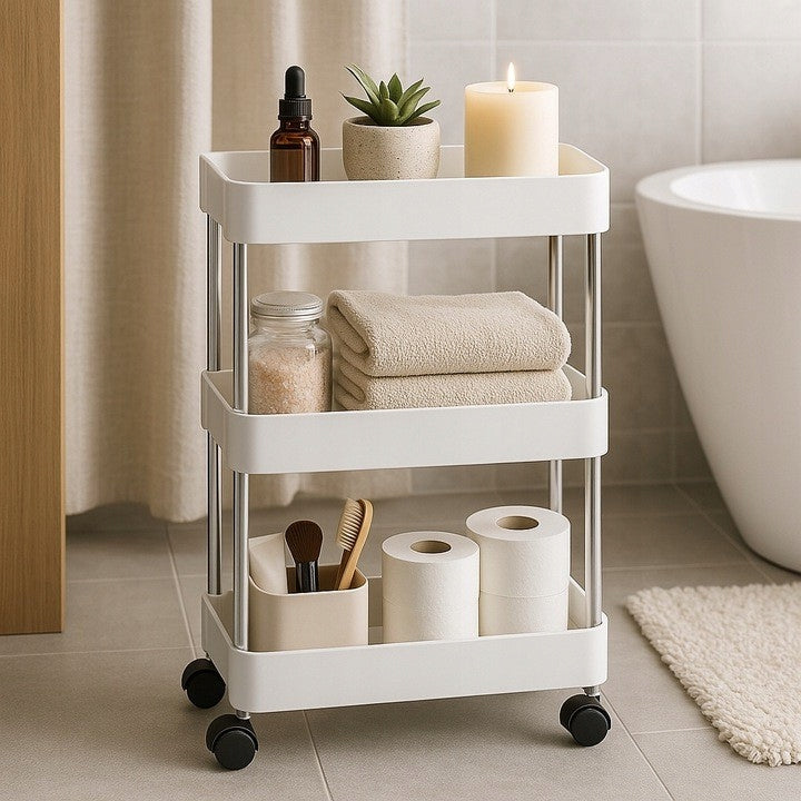 CABINET RACK ORGANIZER ON WHEELS FOR BATHROOM KITCHEN 3 BATHROOM SHELVES Manufacturer code REGAŁ SZAFKA WÓZEK NA KÓŁKACH DO ŁAZIENKI