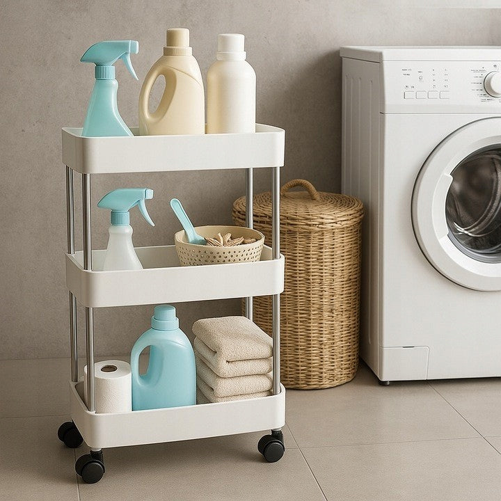 CABINET RACK ORGANIZER ON WHEELS FOR BATHROOM KITCHEN 3 BATHROOM SHELVES Packaging status original