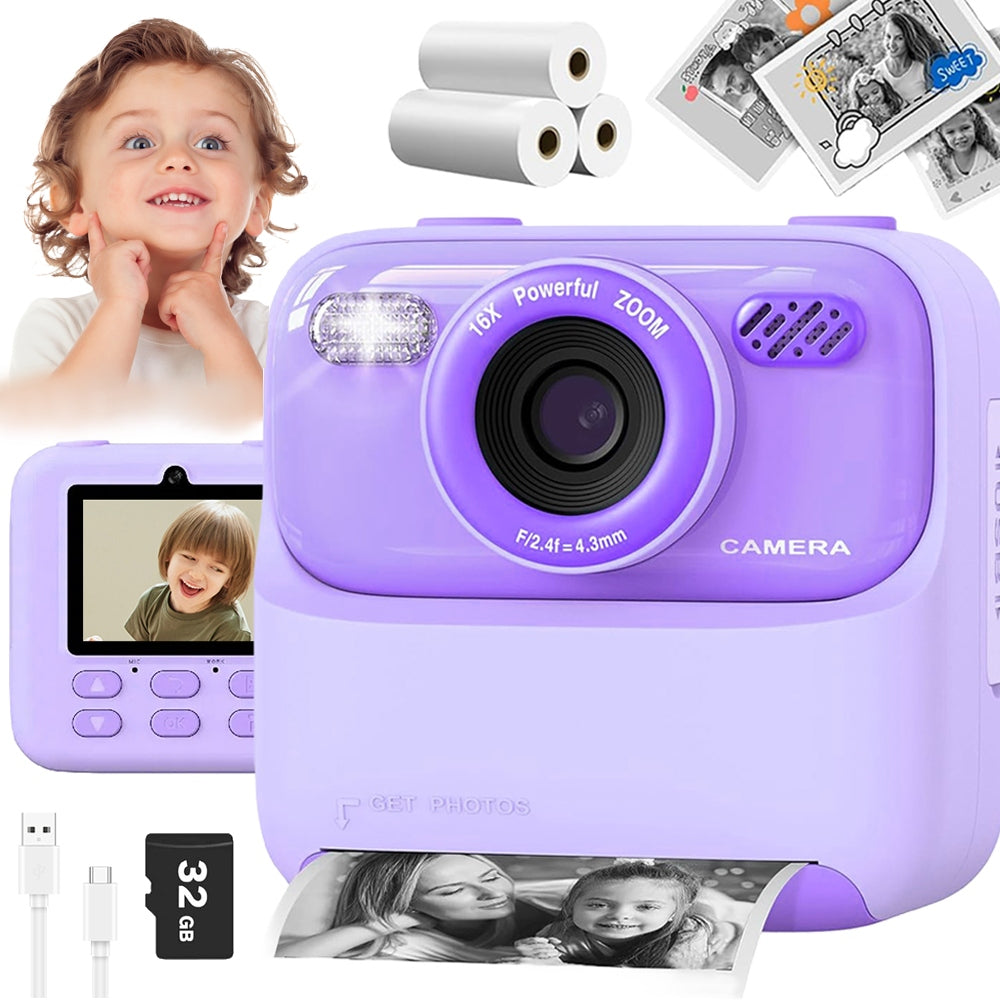 CAMERA WITH PRINTER PURPLE VIDEO GAME INSTANT PRINTING 3 ROLE USB 1200MAH