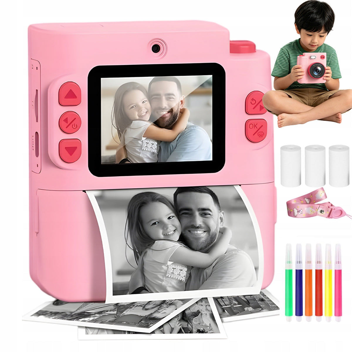 CAMERA WITH THERMAL PRINTER 2" SCREEN 1080P 1300MAH PINK