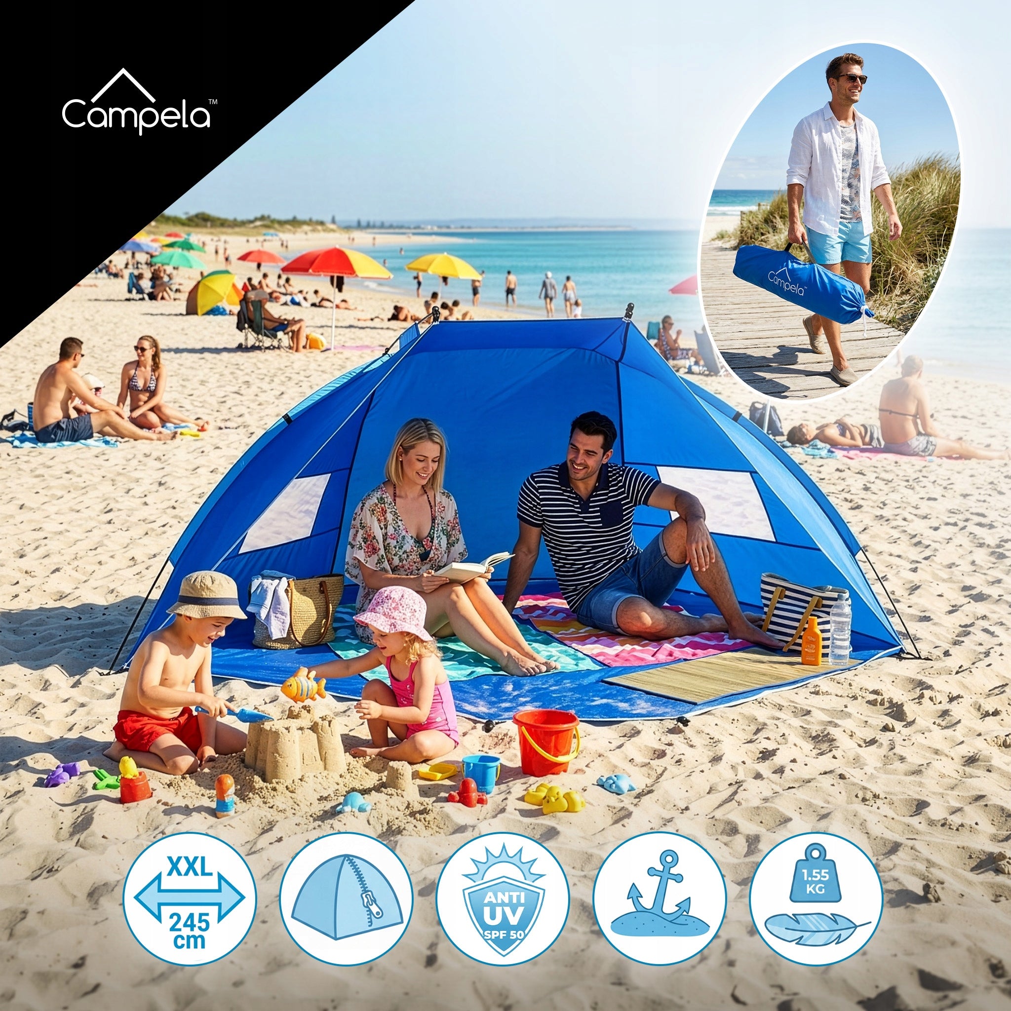 CAMPELA BEACH TENT TOURIST CAMPING SCREEN CLOSED for 3-4 people Packaging status original