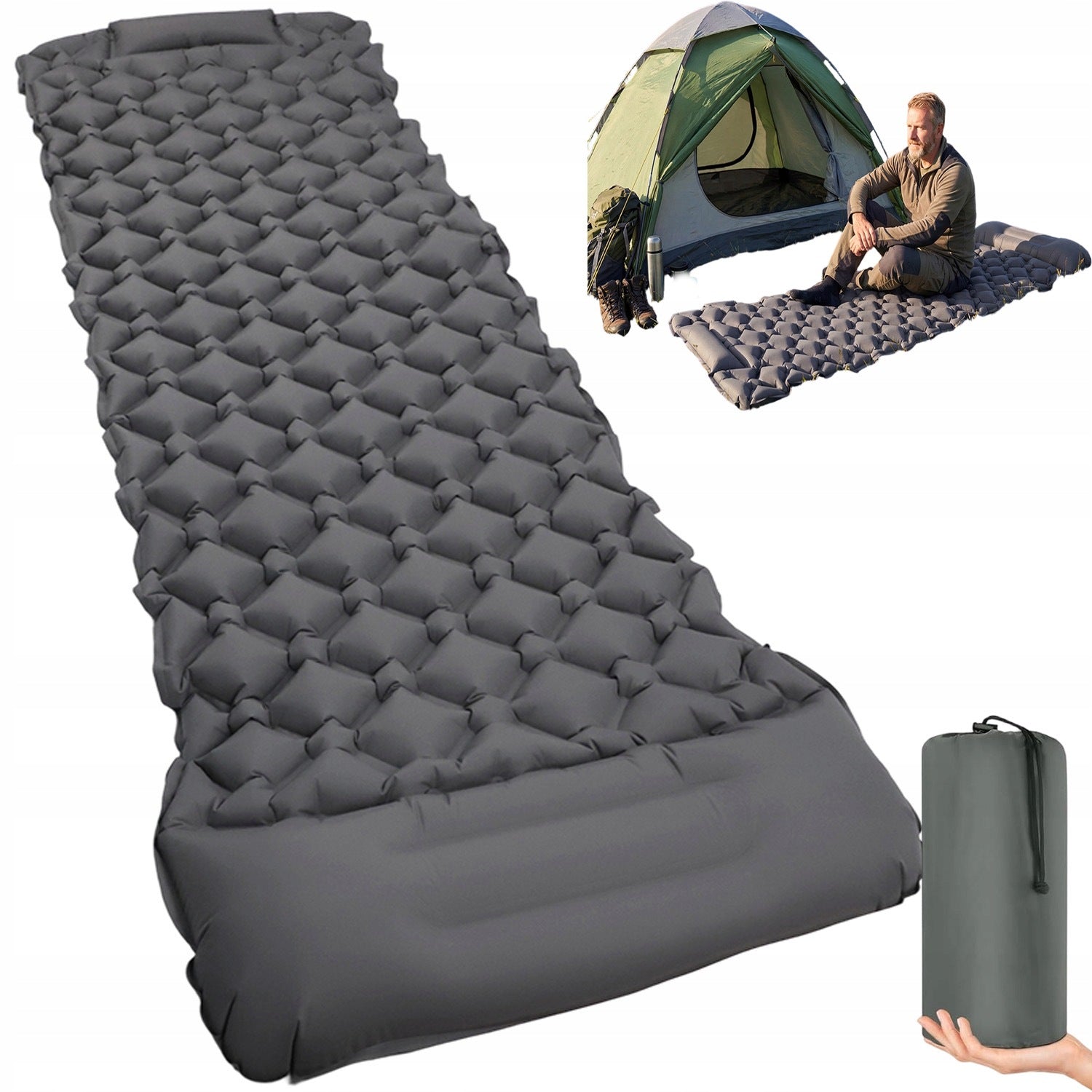 CAMPING INFLATABLE MAT 195×60CM FOOT PUMP CUSHION DIAMOND PATTERN BAG