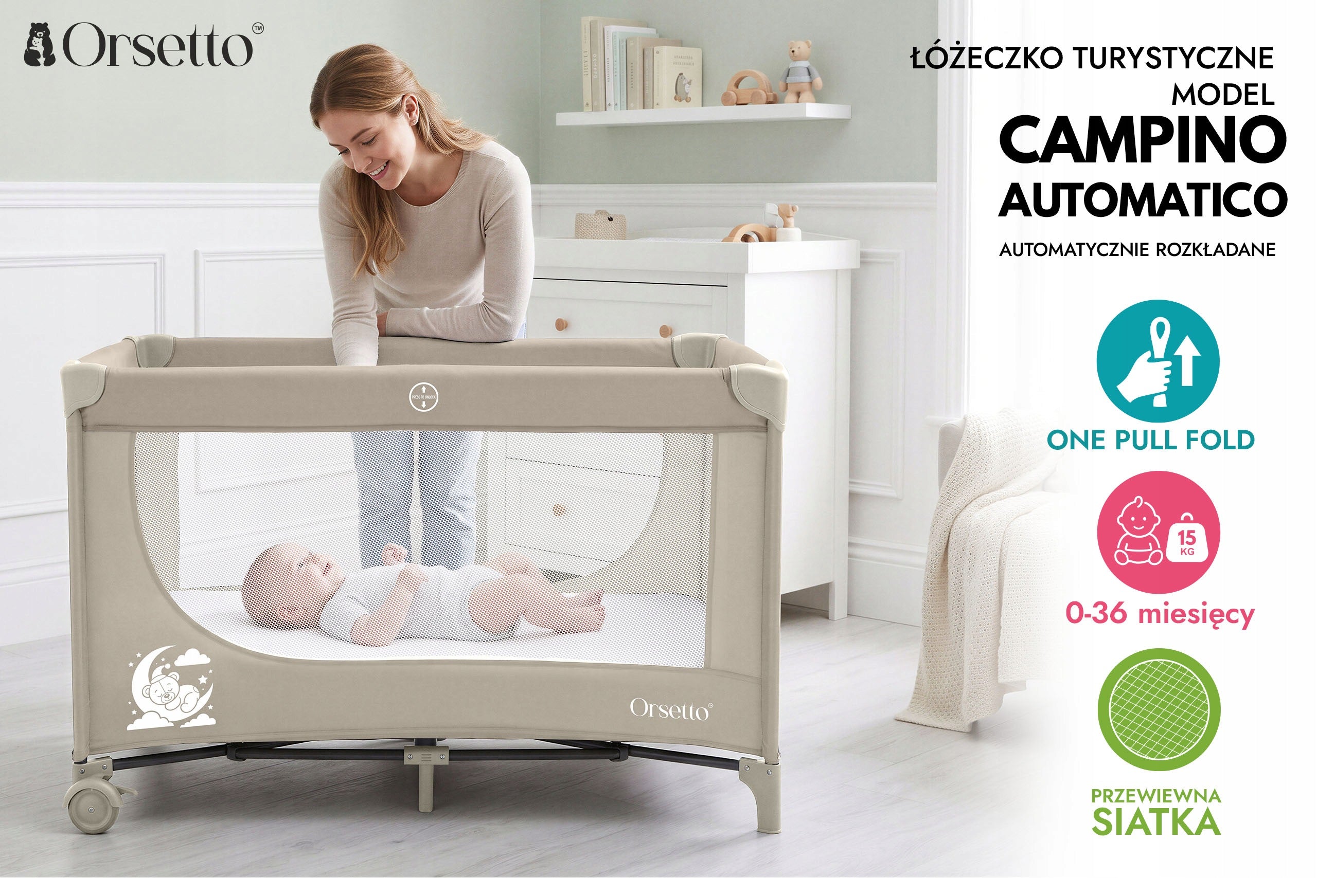 CAMPINGINO AUTOMATICO TRAVEL COT INSTANTLY FOLDABLE BEIGE Brand Orsetto