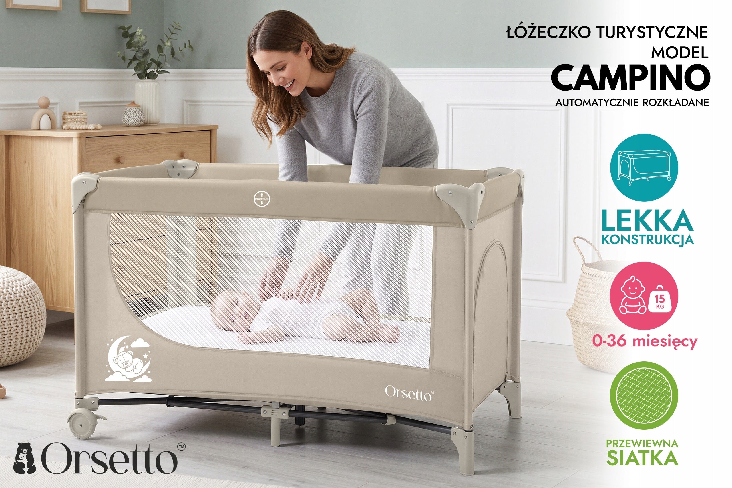 CAMPINGINO TRAVEL COT ORSETTO AUTOMATICALLY FOLDING BEIGE Brand Orsetto