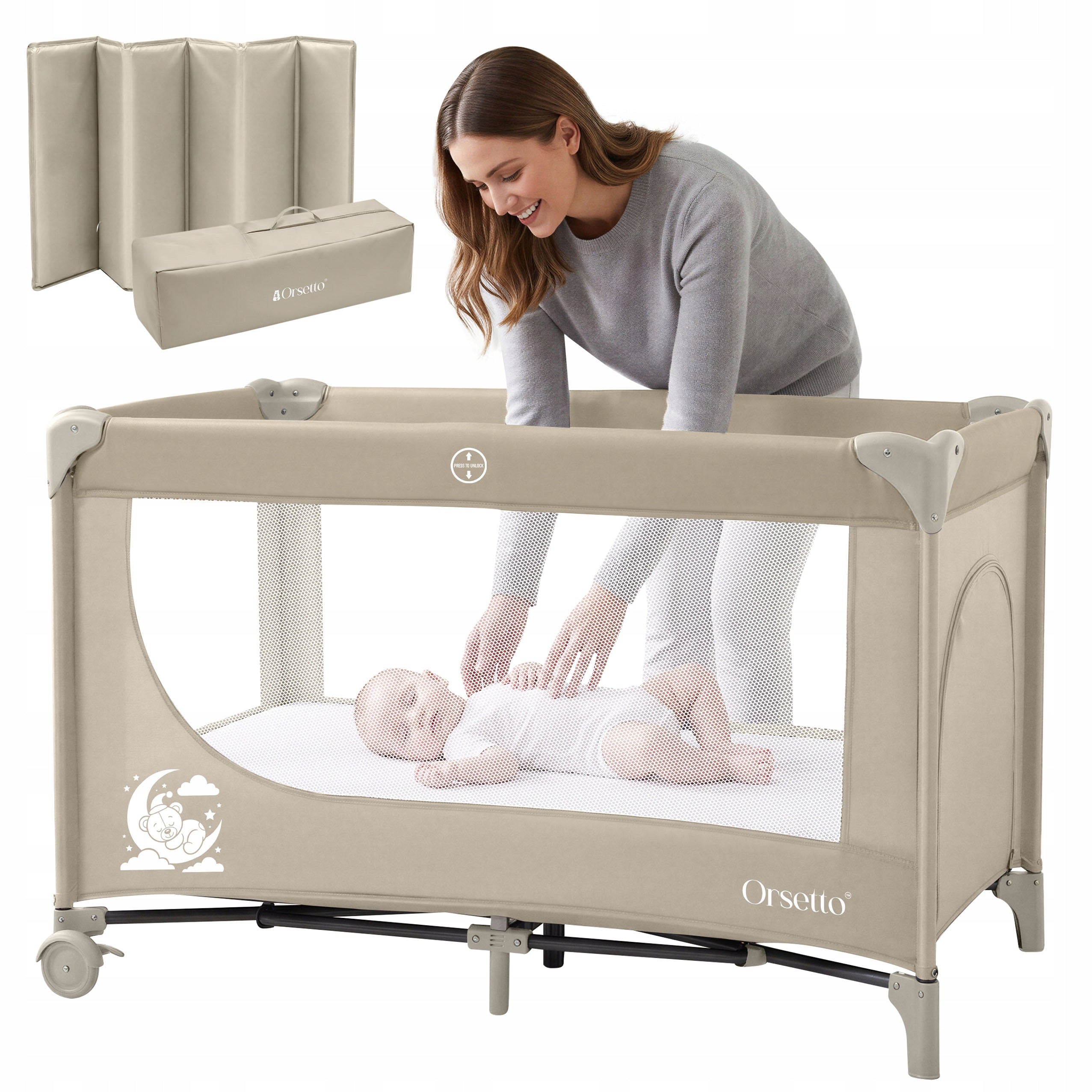 CAMPINGINO TRAVEL COT ORSETTO AUTOMATICALLY FOLDING BEIGE