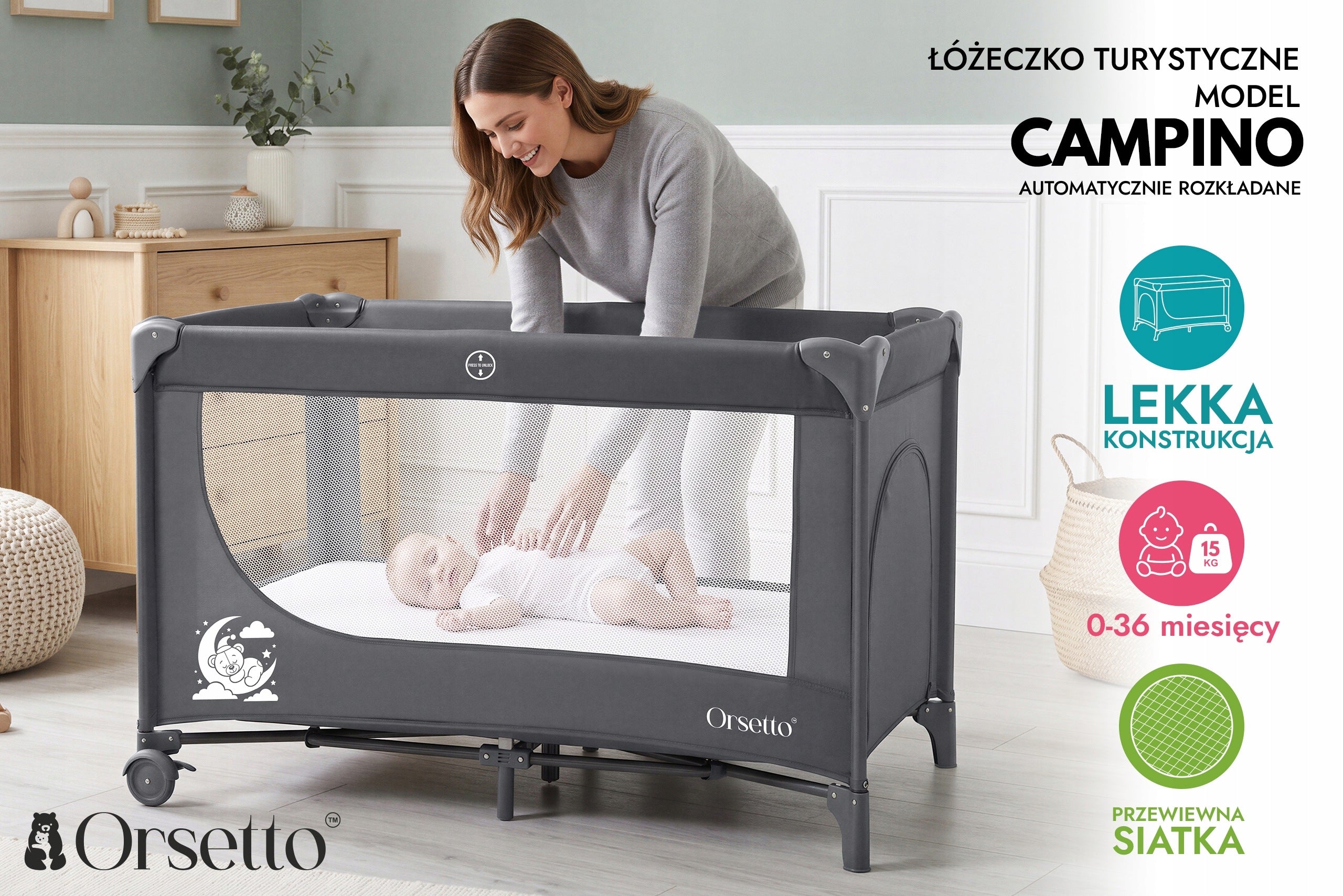 CAMPINO TRAVEL COT ORSETTO AUTOMATICALLY FOLDABLE DARK GREY Brand Orsetto