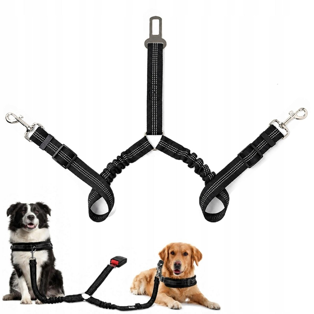 CAR BELT FOR 2 DOGS DOUBLE LEASH SHOCK ABSORBER ADJUSTABLE