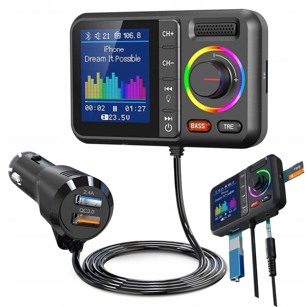 CAR BLUETOOTH ADAPTER WITH SCREEN – QC3.0, 2×USB, FM, AUX, TF, 8 RGB