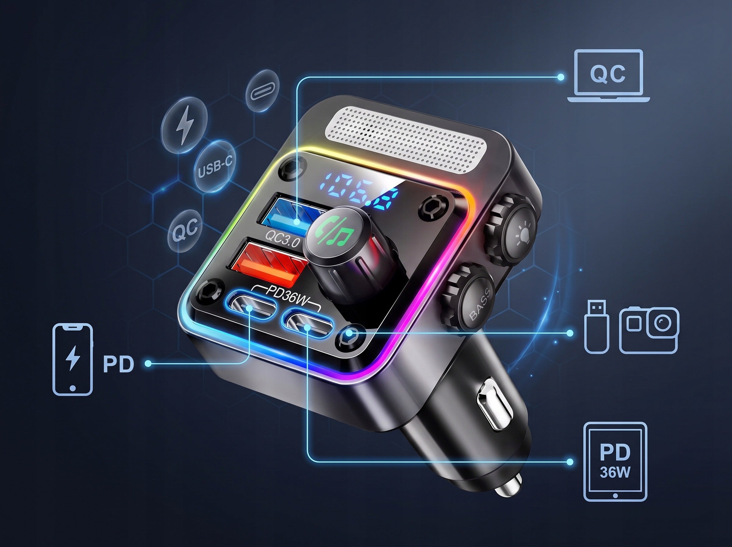 CAR FM TRANSMITTER HANDSFREE BT5.3 USB QC 2xPD BASS BOOST Manufacturer code PD36W USB QC 18W