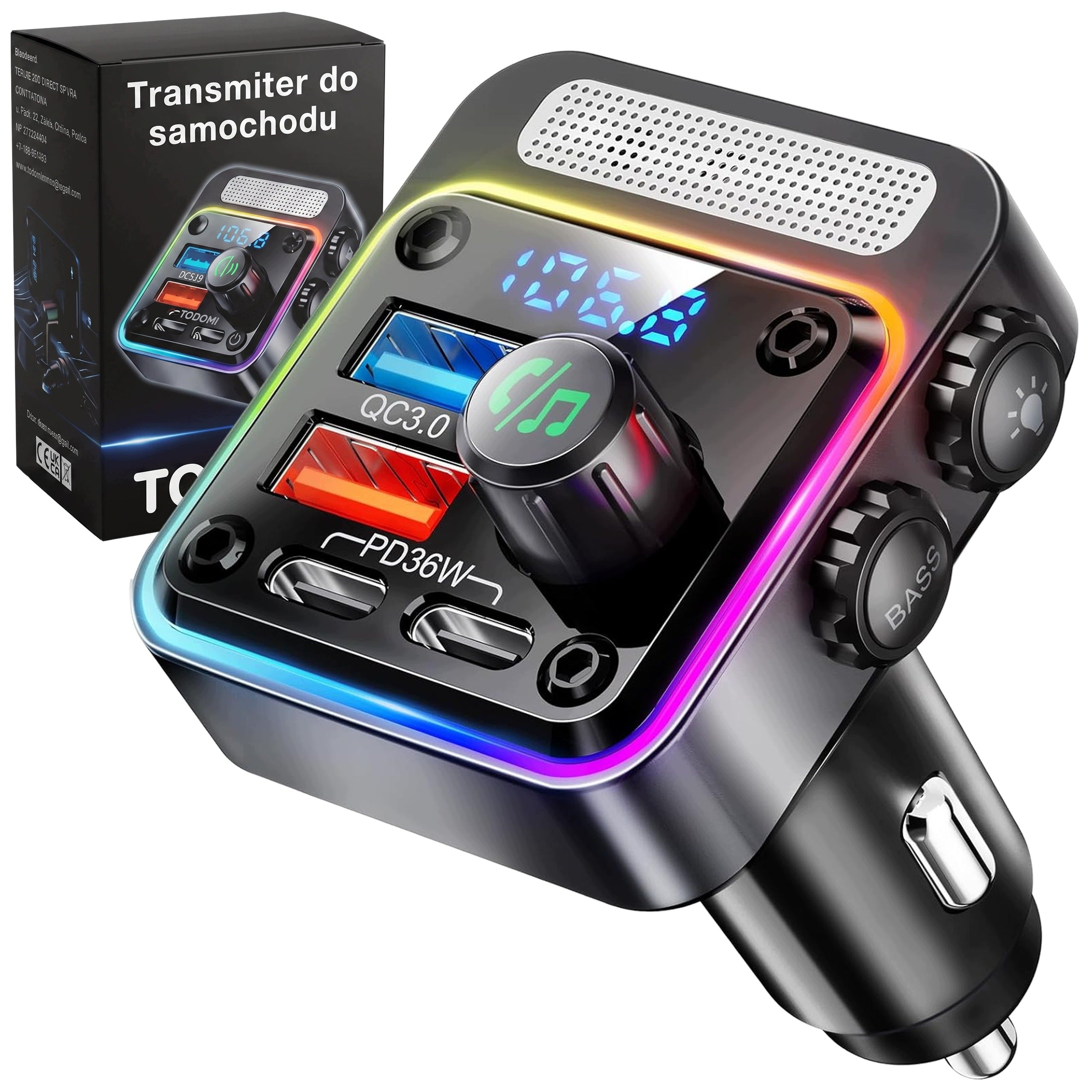 CAR FM TRANSMITTER HANDSFREE BT5.3 USB QC 2xPD BASS BOOST