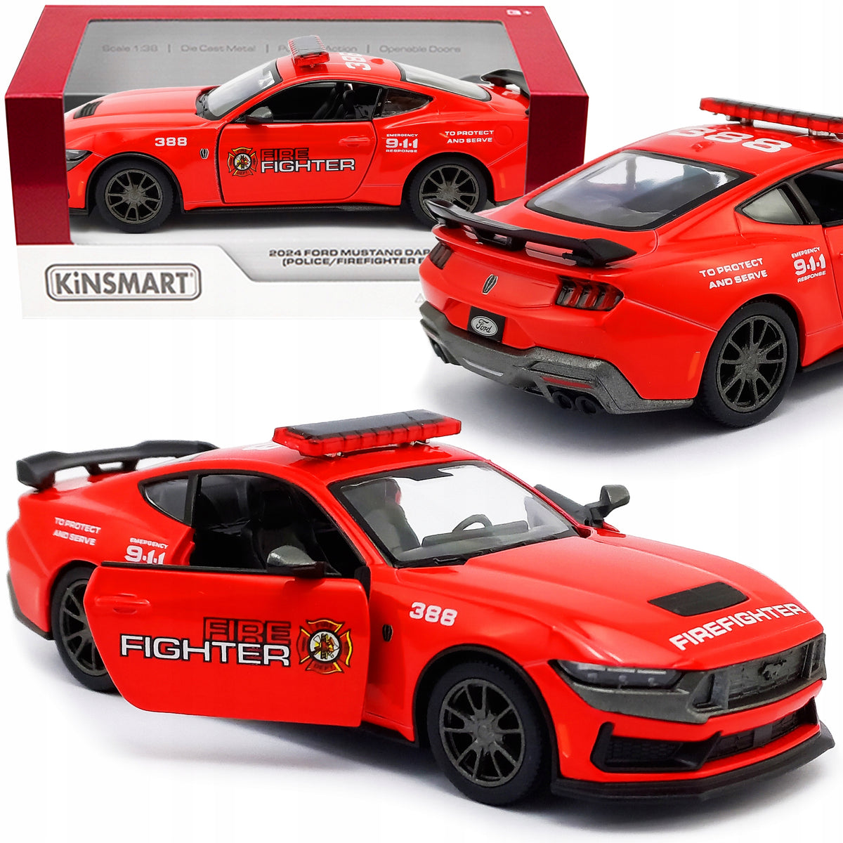 CAR METAL FORD MUSTANG 2024 FIRE BRIGADE CAR MODEL KINSMART 1:38