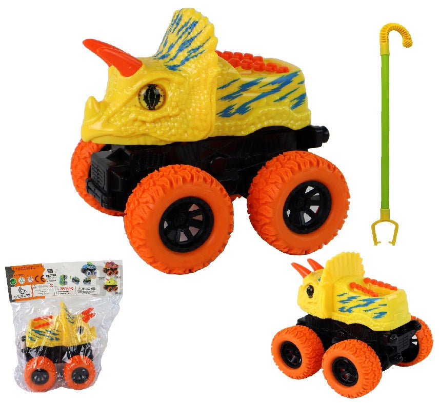 CAR OFF-ROAD VEHICLE PUSHER DINOSAUR TRICERATOPS REX RUBBER WHEELS YELLOW