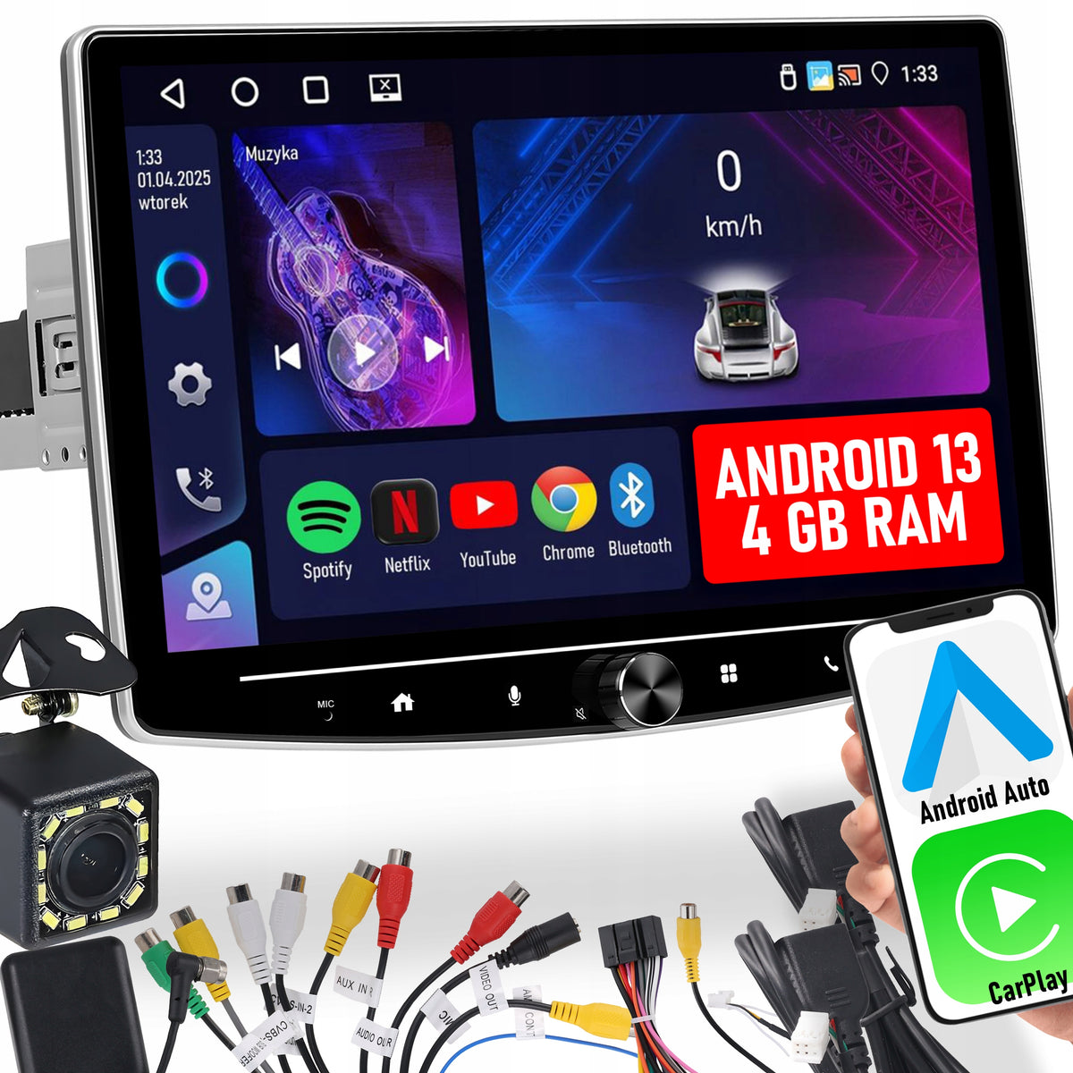 CAR RADIO 1 DIN 10'' CARPLAY ANDROID WIFI GPS TOUCH FM 4GB/64GB
