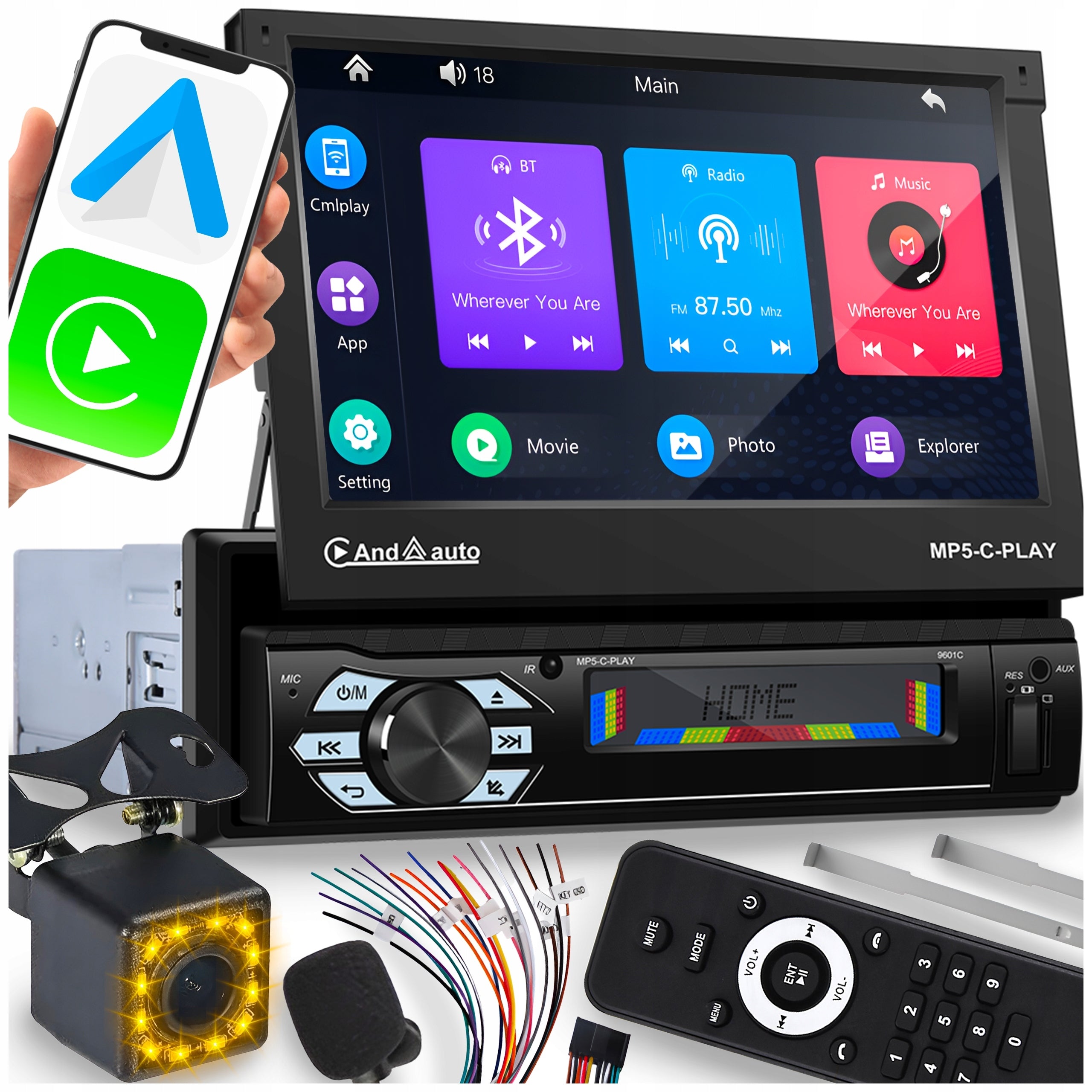 CAR RADIO 1 DIN 7'' BT RETRACTABLE SCREEN TOUCH CARPLAY ANDROID AUTO