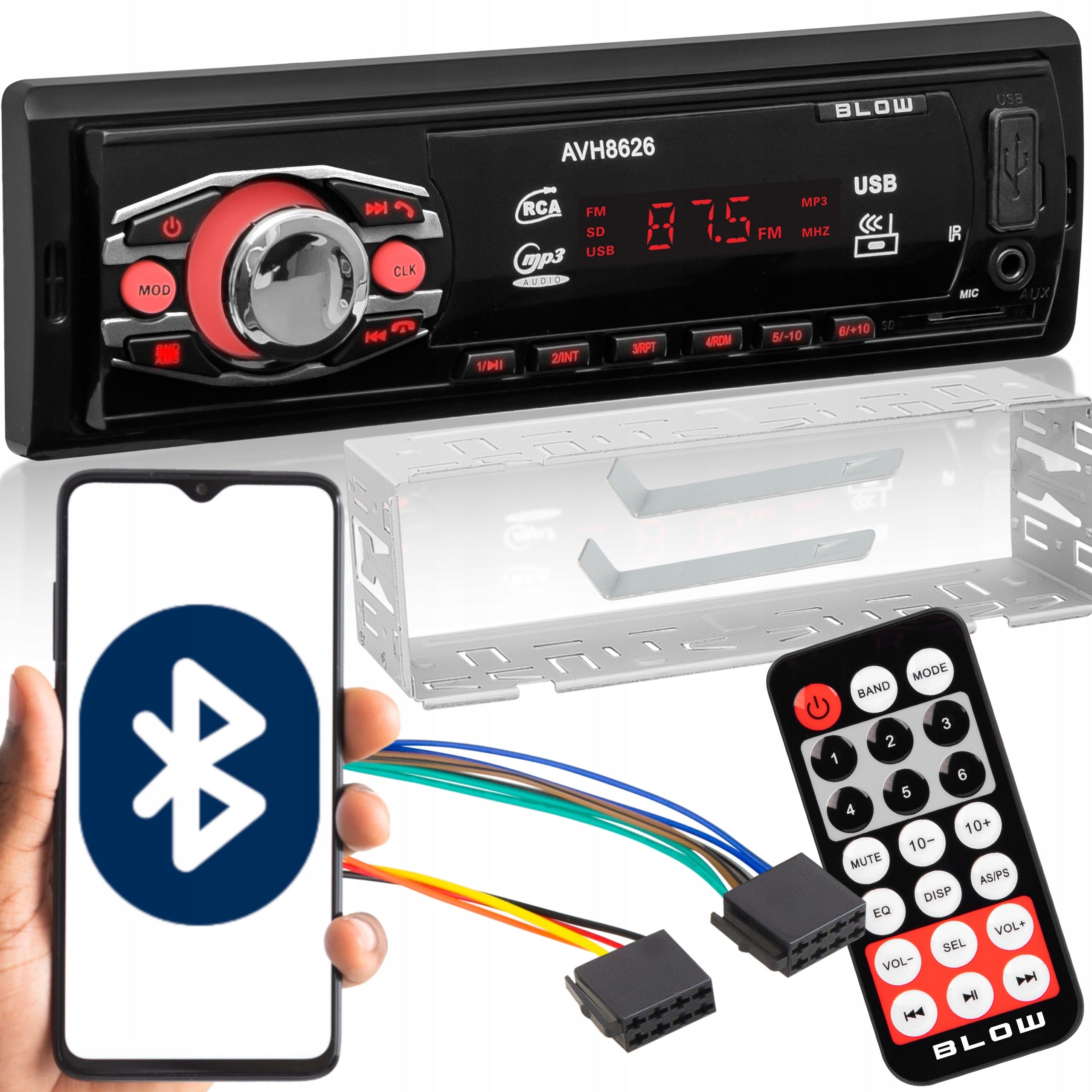 CAR RADIO 1 DIN BLUETOOTH FM MP3 USB SD AUX LCD REMOTE CONTROL KIT