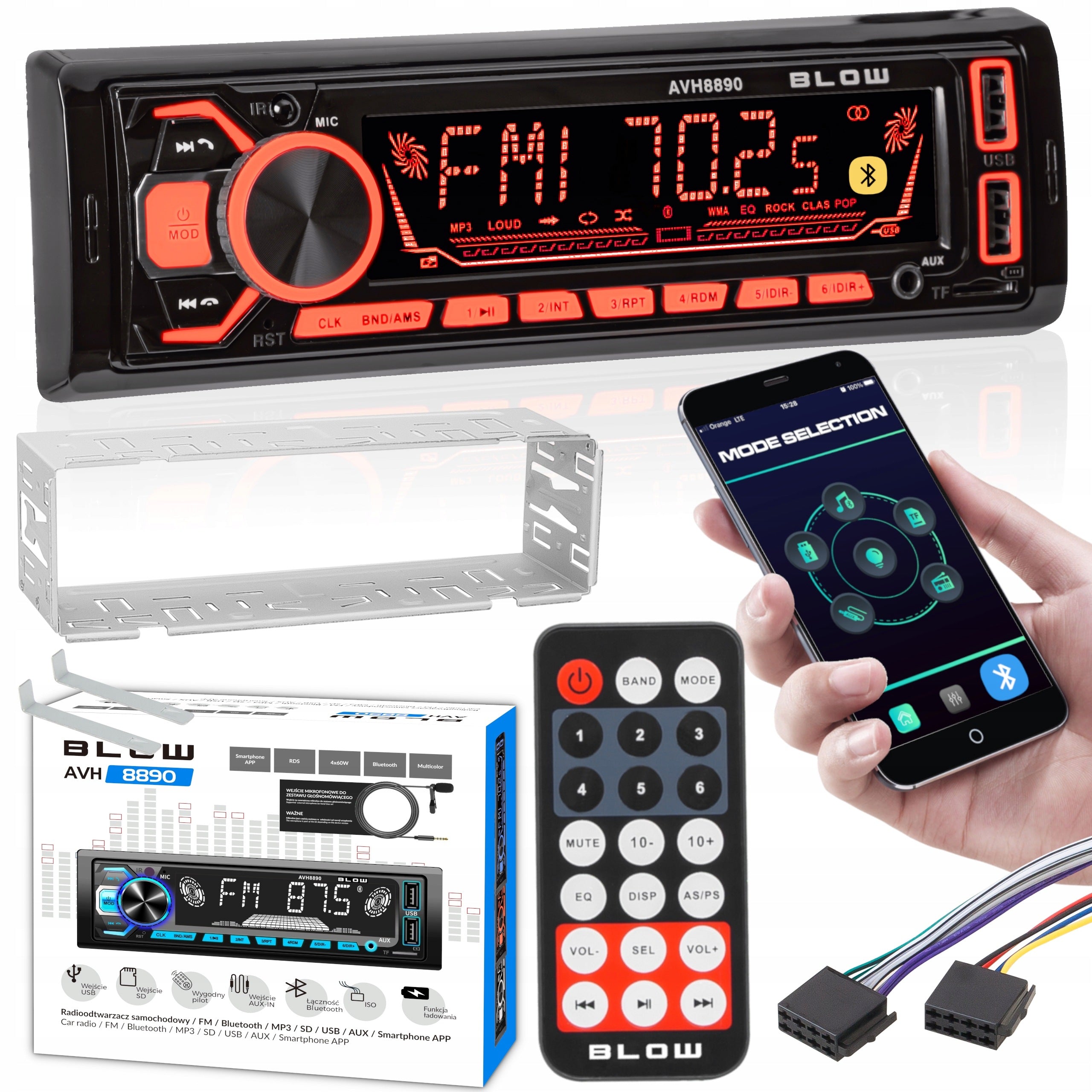 CAR RADIO 1-DIN BLUETOOTH SD USB COLORS REMOTE CONTROL KIT