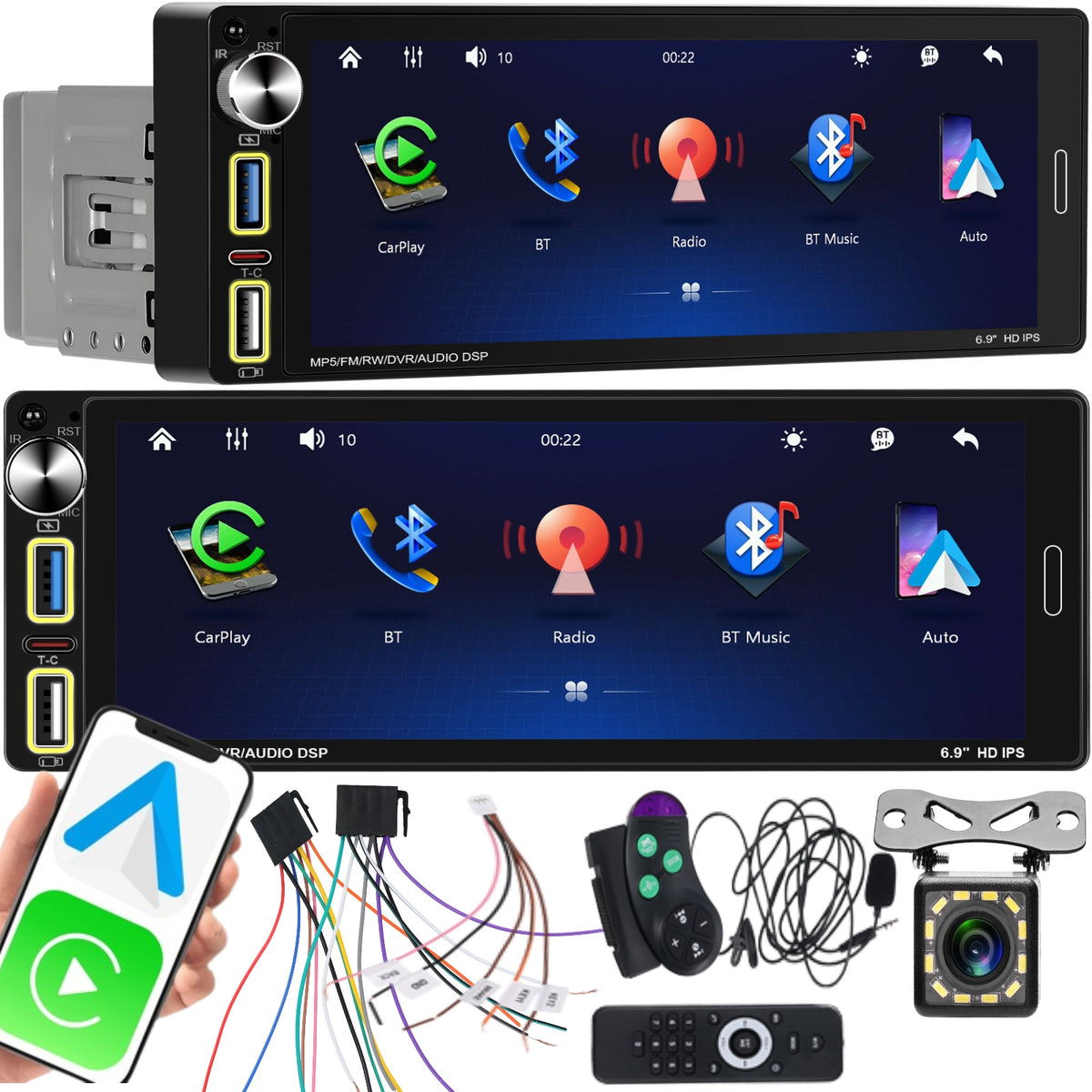 CAR RADIO 1 DIN USB ANDROID AUTO CARPLAY MIRROR LINK REVERSING CAMERA