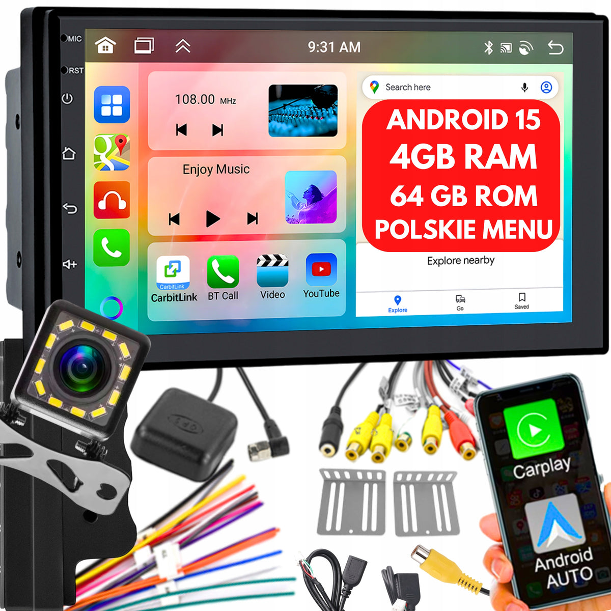 CAR RADIO 2 DIN 4GB/64GB ANDROID AUTO CARPLAY ANDROID 15 RDS DSP 7"