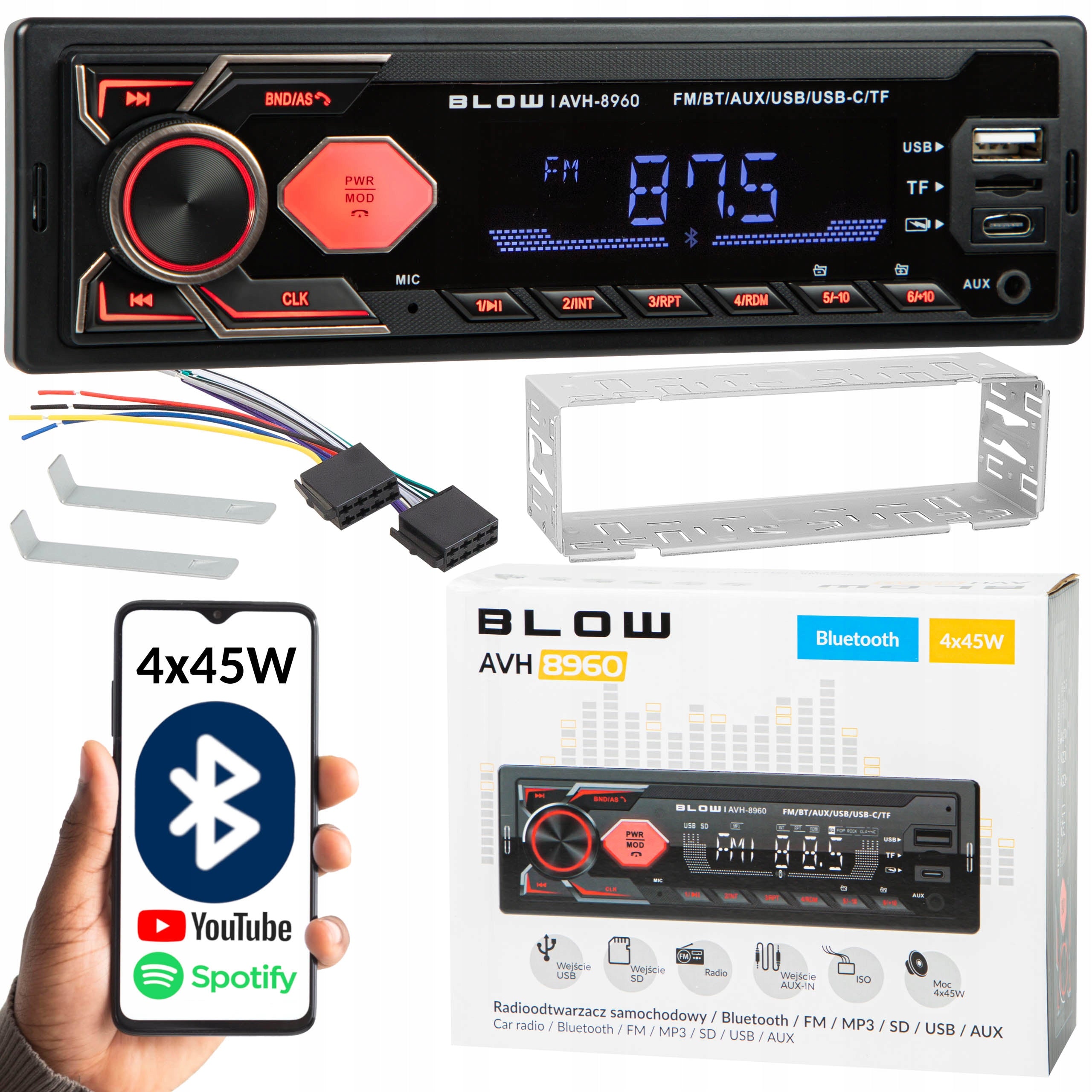 CAR RADIO BLUETOOTH 1-DIN RDS USB-C AUX RCA SD LCD MP3 MICROPHONE