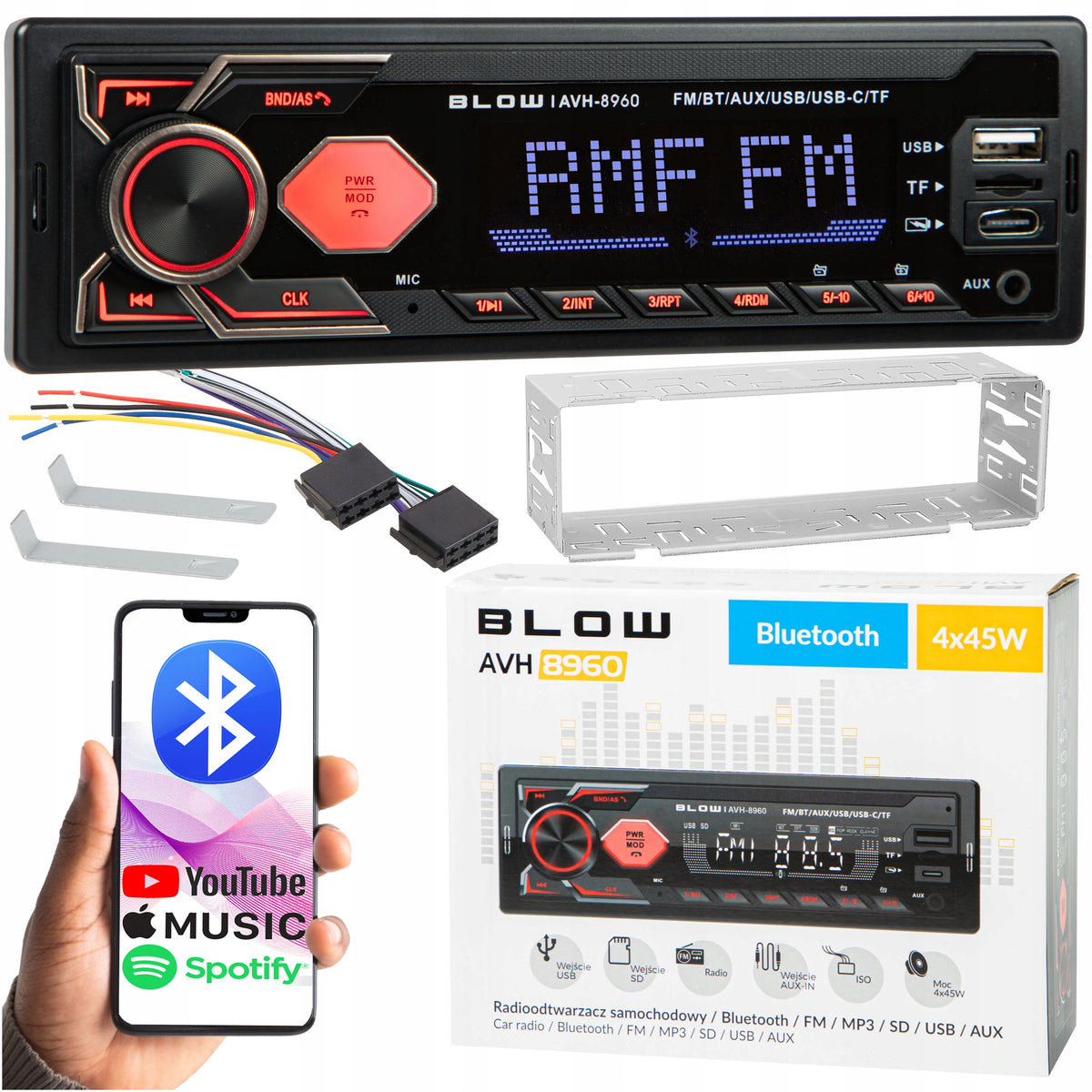 CAR RADIO BLUETOOTH 1-DIN RDS USB-C AUX RCA SD MP3 LCD MICROPHONE