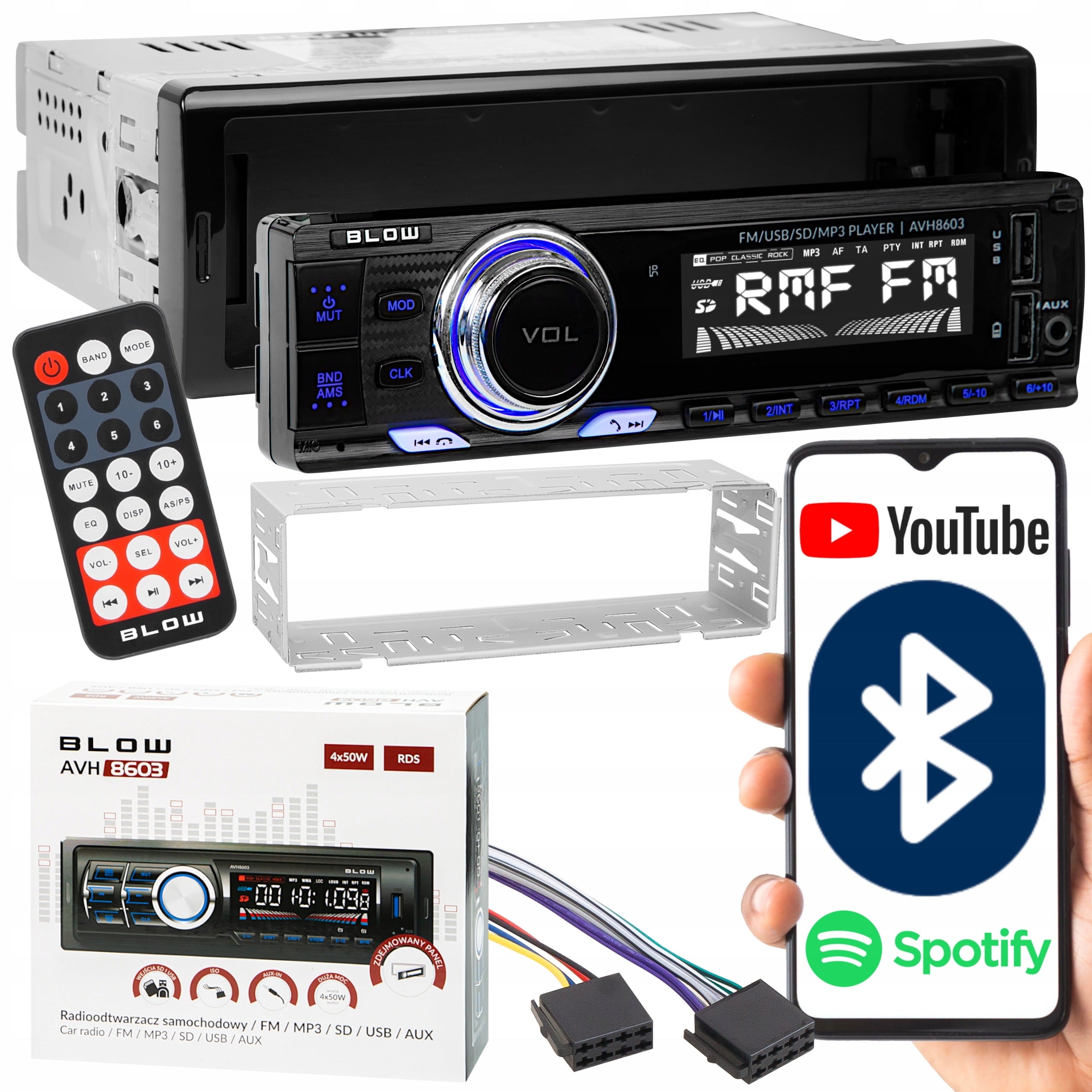CAR RADIO BLUETOOTH 1-DIN RDS USB SD AUX REMOTE CONTROL DETACHABLE PANEL