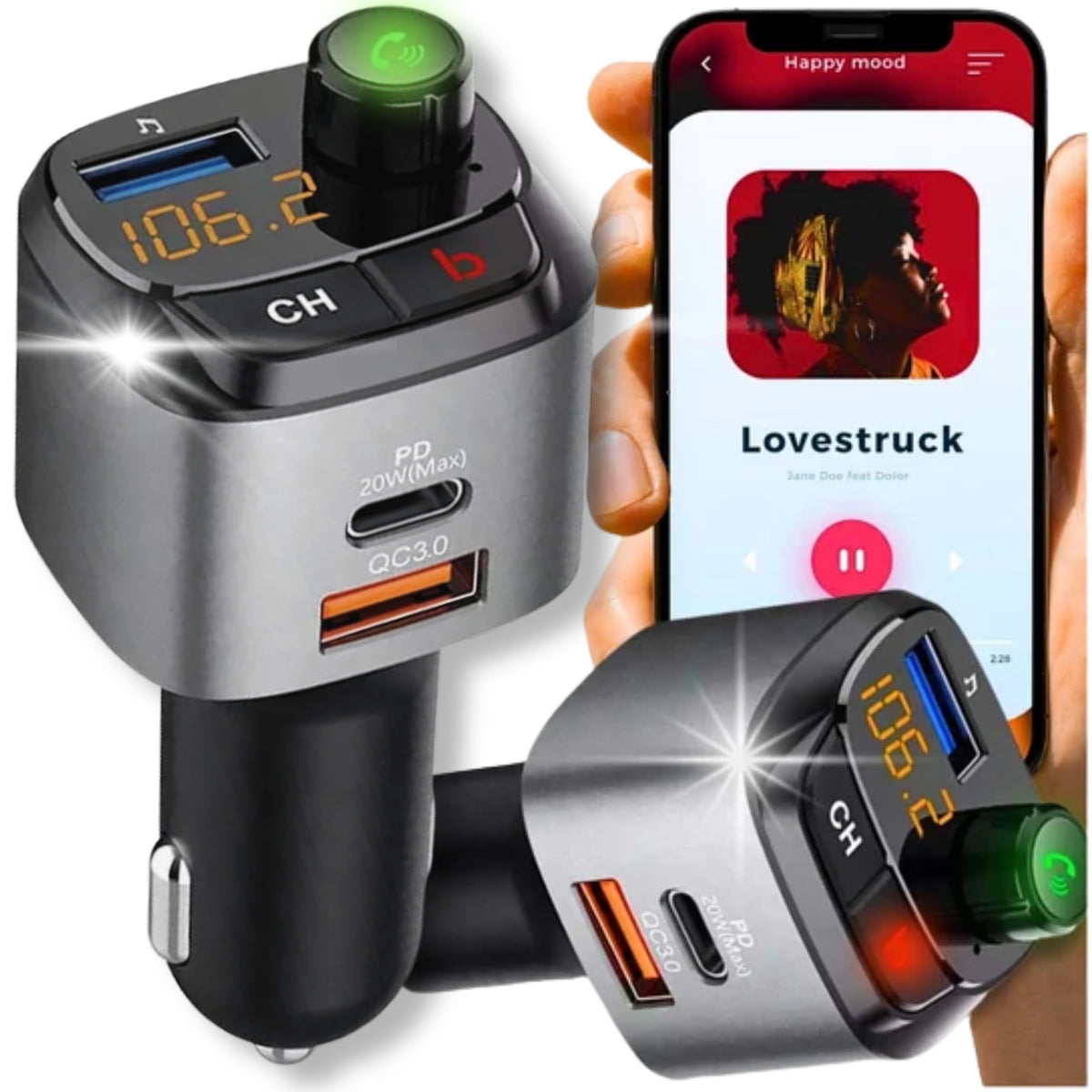 CAR TRANSMITTER BLUETOOTH FM 2X USB USB-C PD 20W QC3.0 Manufacturer code Transmiter adapter do samochodu muzyczny BT