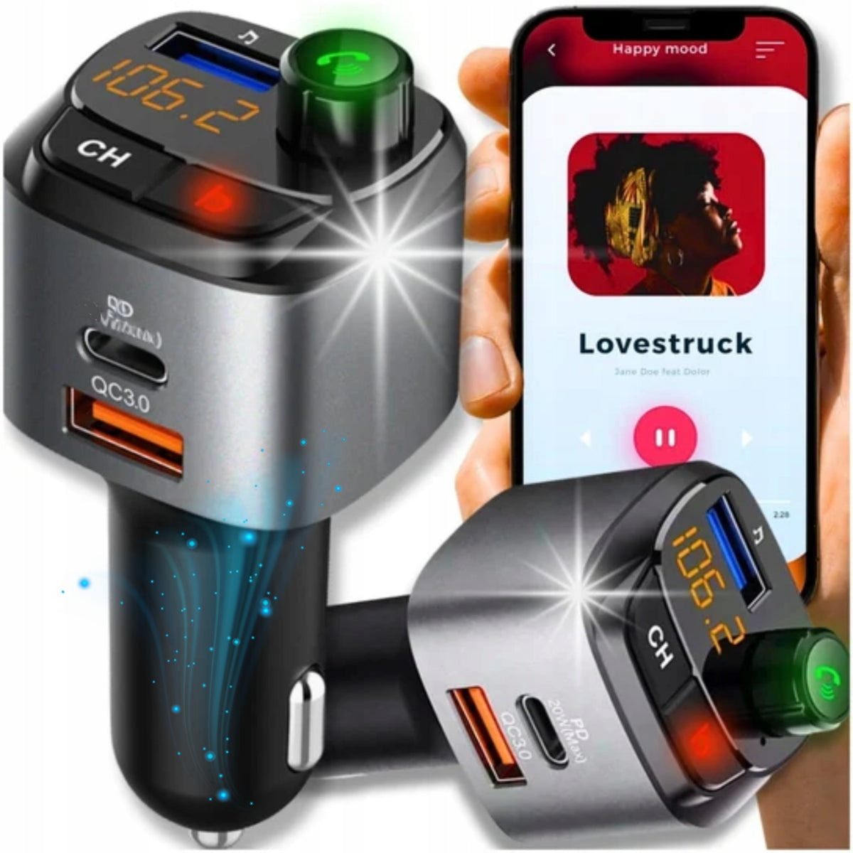 CAR TRANSMITTER BLUETOOTH FM 2X USB USB-C PD 20W QC3.0