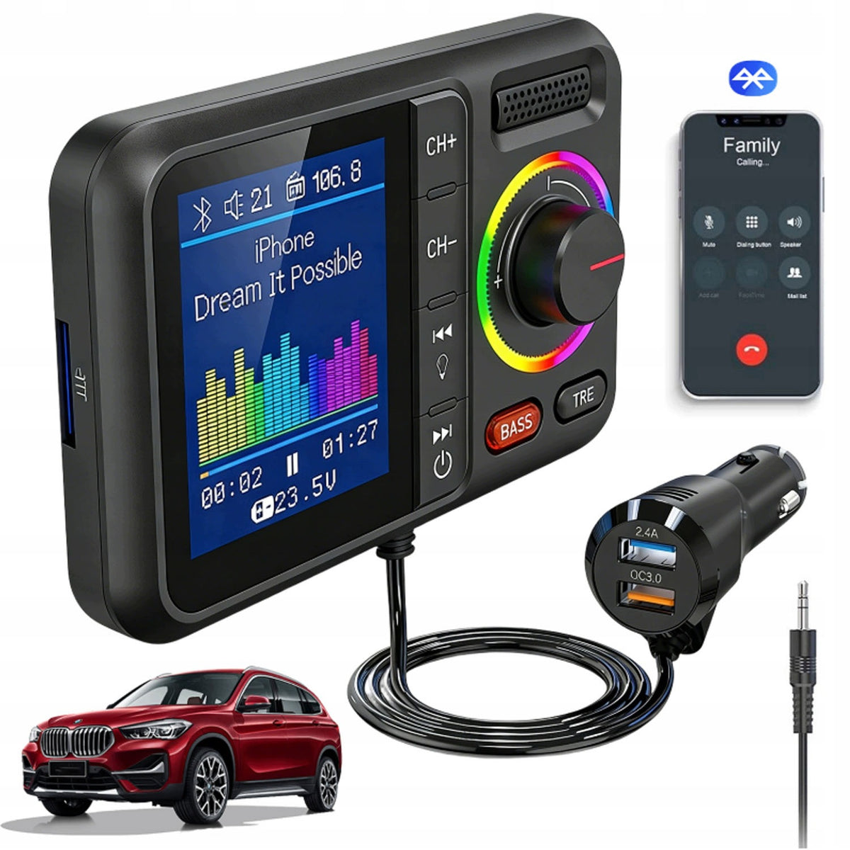 CAR TRANSMITTER BLUETOOTH MP3 PLAYER CHARGER QC 3.0 BIG SCREEN Packaging status original