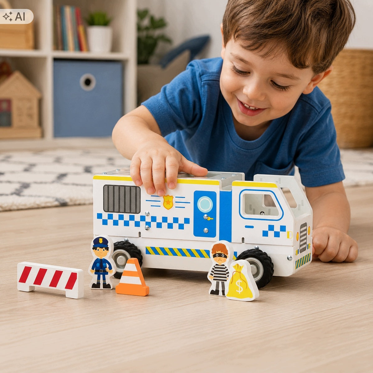 CAR WOODEN FOLDING POLICE TOY TRUCK FIGURINE SET 6 el Packaging status original