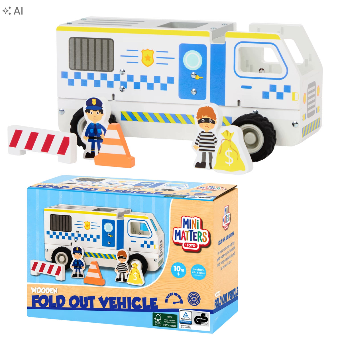 CAR WOODEN FOLDING POLICE TOY TRUCK FIGURINE SET 6 el