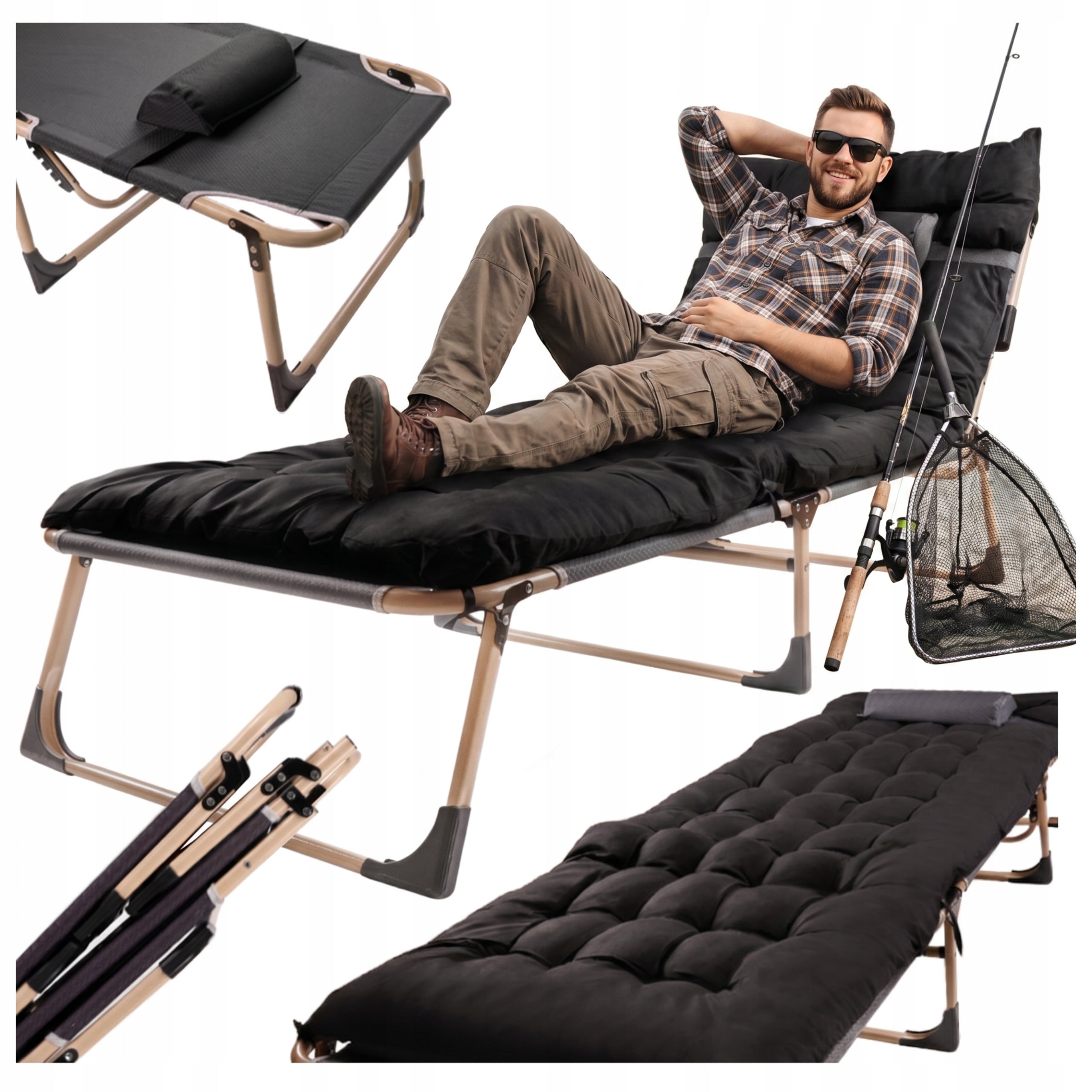 CARP FISHING BED TOURIST MATTRESS CANADIAN FIELD ADJUSTABLE Manufacturer code LEŻAK PLAŚOWY KEMPINGOWY Z KIESZONKĄ CZARNY